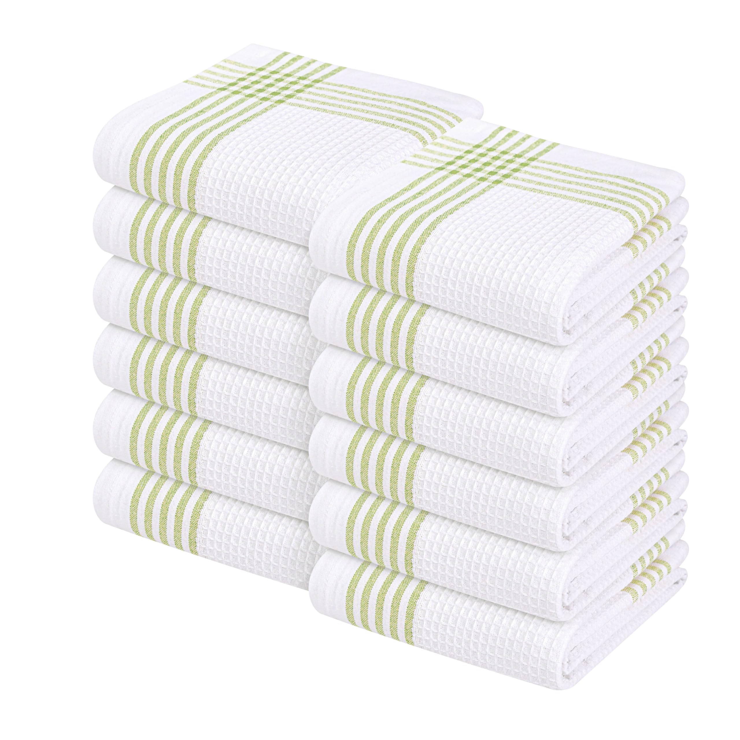 Waffle White &amp; Lemon Green 12 Pack Kitchen Towels, 100% Cotton, 16x26 inches, Everyday Use Dish Cloths Set, Durable and Absorbent Hand Towel, Ideal for Drying Dishes, DIY Embroidery
