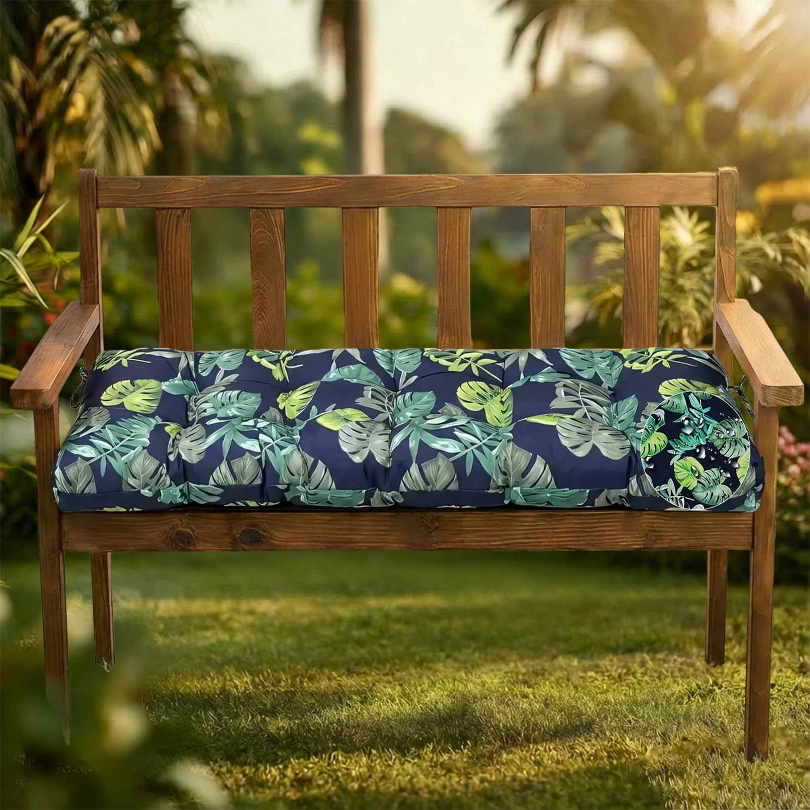 Bench Cushion Outdoor Garden Waterproof: Thick Fade Resistant Rectangle Replacement Sitter Pad with Tie-On Straps for 2-3 Seater Indoor Patio Porch Window Kitchen Dining Chairs (Green, 130X50X10cm)