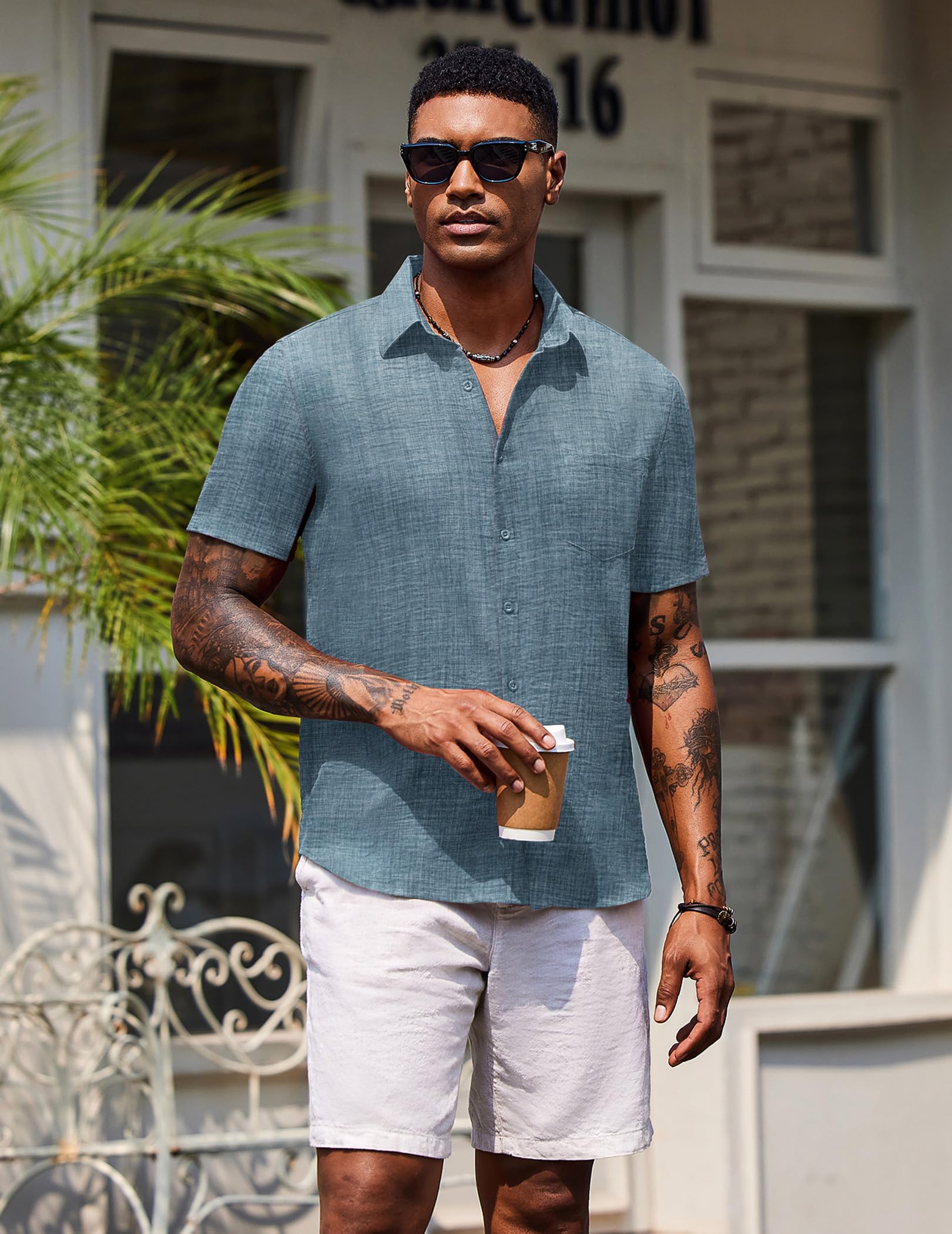 COOFANDY Chemise Homme Manches Courtes Été Loisirs Chemises Hommes Légère Plage Regular Fit Chemise avec Poche Poitrine