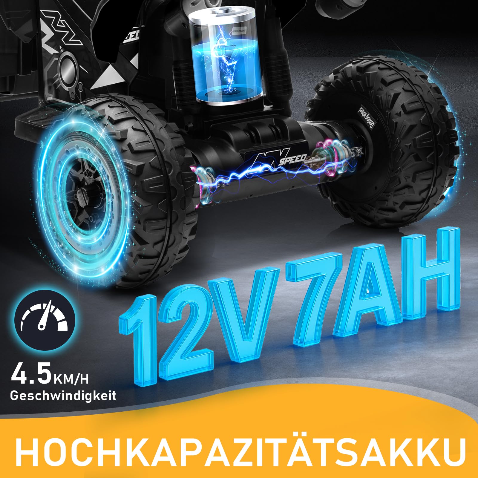 LALAHO Kinder Quad Elektro 12V Kinderquad, Kinderfahrzeug mit LED-Scheinwerfern, Musik & Hupe, Elektroauto mit 4 rutschfeste Räder & langsamer Start, für Kinder 3–8 Jahre alt (Schwarz 1)
