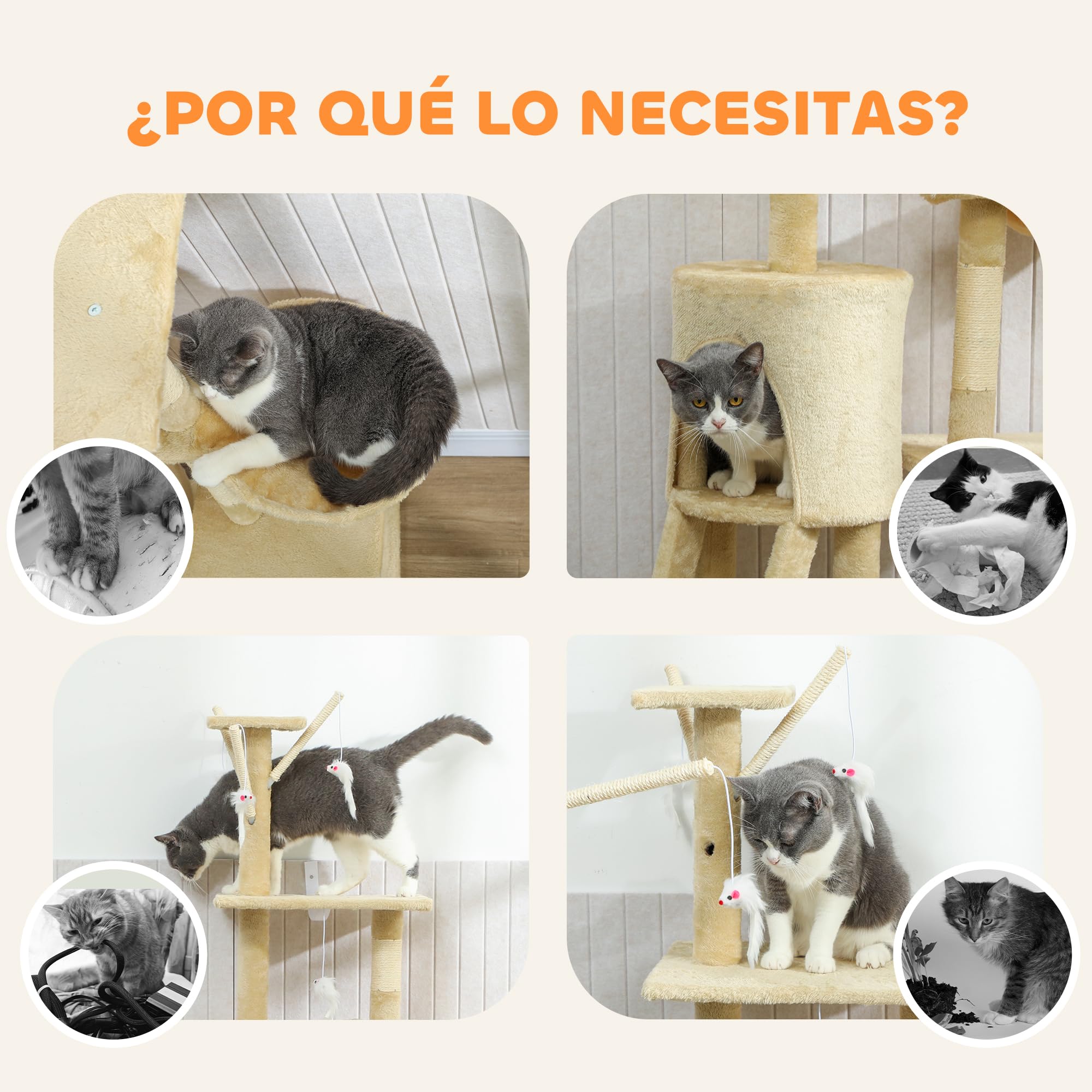 PawHut Árbol Rascador para Gatos Grande, Torre de Escalada, 134 cm, Beige | Árbol para Gatos, 6 Postes de Sisal, 3 Plataformas, 1 Cueva, 1 Hamaca, 1 Escalera, 4 Juguetes Colgantes