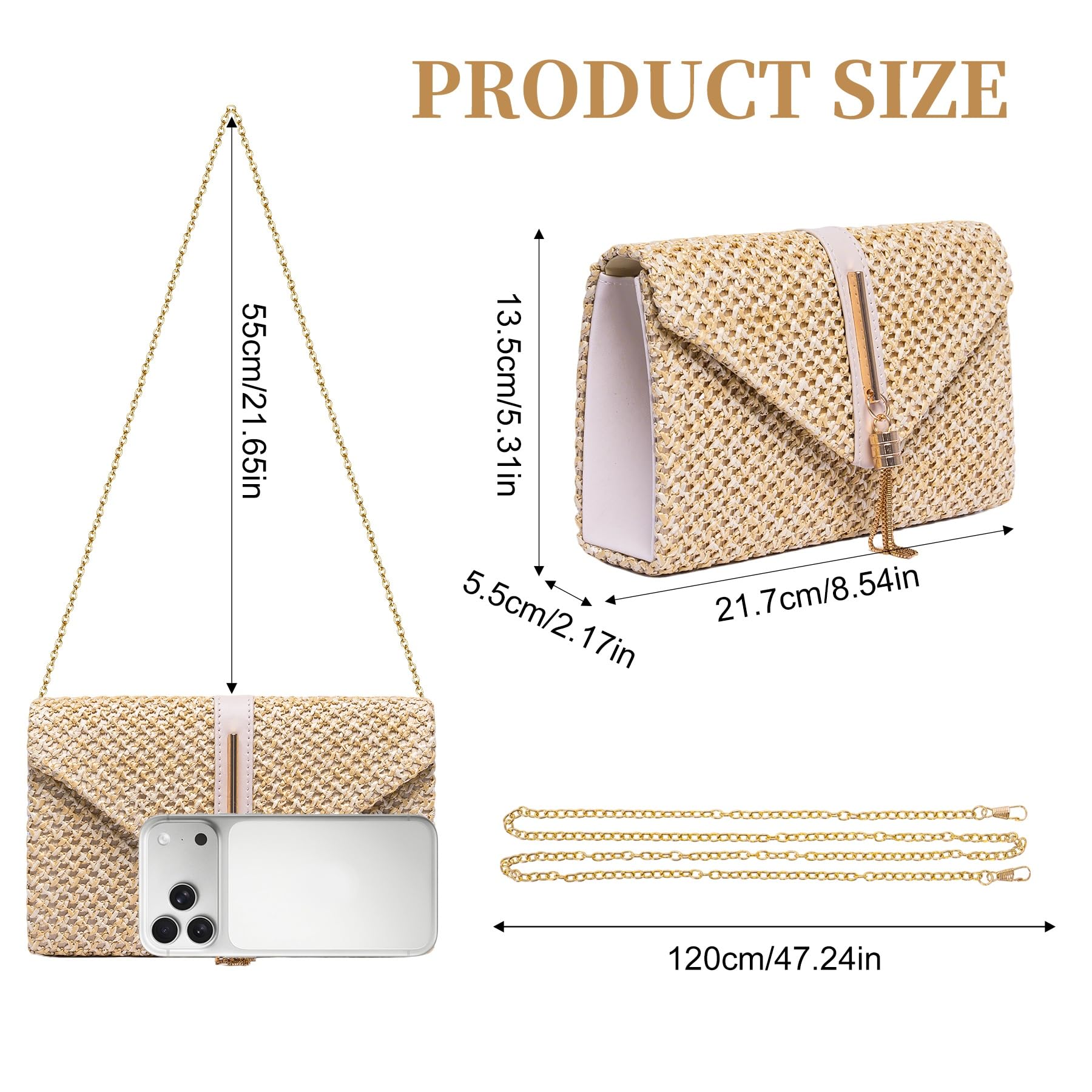 Larcenciel Bolso Mujer Paja, Bolsos Mujer Borlas Verano Playa con Cadena Desmontable, Elegante Boho Sobre Rafia Clutch Fiesta, Casuale Bandolera Cartera de Mano para Bodas Vacaciones, 21.7x5.5x13.5CM