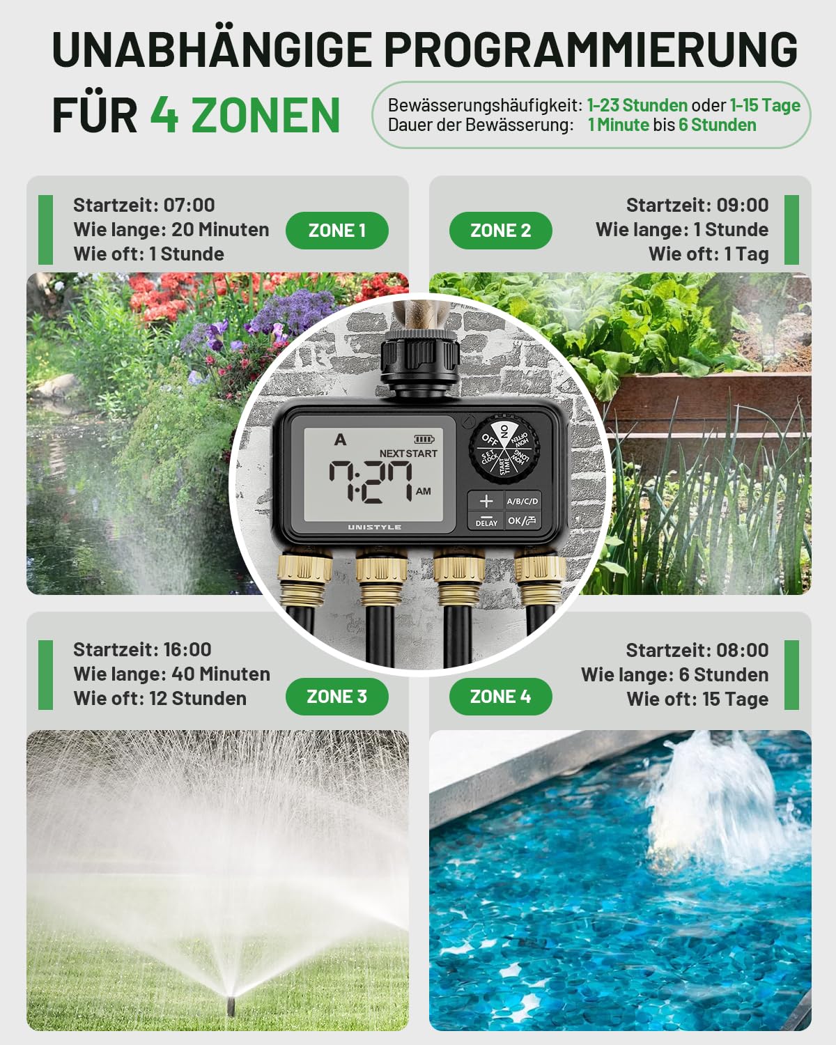 Unistyle Bewässerungscomputer 4 Ausgänge, Automatische Bewässerungsuhr, Rasensprenger Bewässerungssteuerung, Bewässerungssystem für Gartenbewässerung, Wasser Zeitschaltuhr Bewässerung Garten