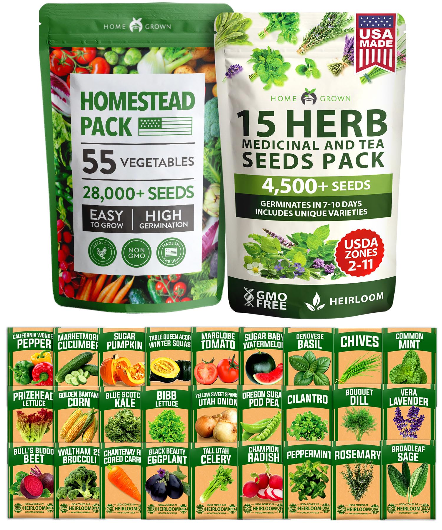 HOME GROWN 70 Variety Vegetable & Herb Seeds – 32,000+ USA Non-GMO Heirloom Survival Seeds –Garden Kit for Spring, Fall, Winter – Indoor & Outdoor Planting – Starter Set for Home Gardeners & Preppers