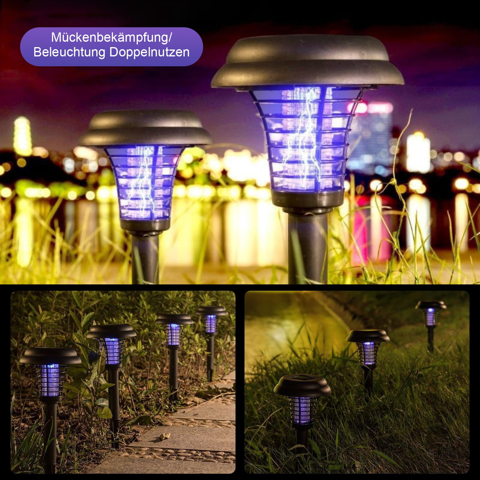 Solar-Mückenfalle,4-Pcs,Außen-Insektenvernichter Elektrisch,Wasserdichter-Mückenlampe,UV-Licht und Weißlicht,Automatik-Lichtschaltung,Für Hinterhof & Garten (4-teilig)