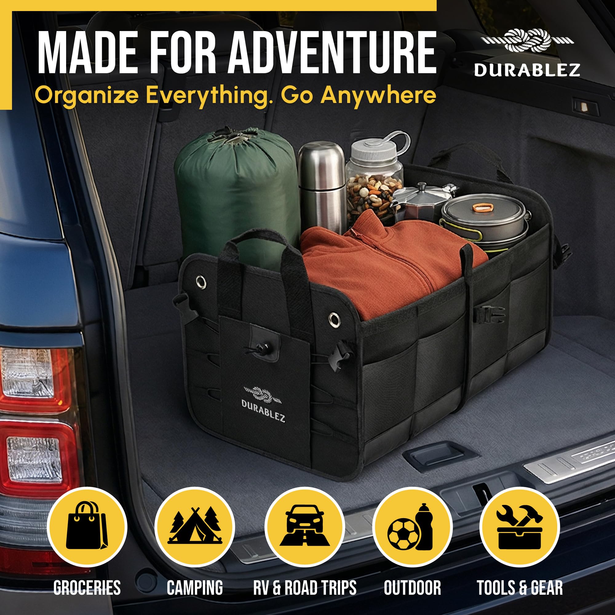Organizador de maletero de coche, plegable, con red de cobertura, separadores extraíbles, almohadillas antideslizantes acoplables, correas de montaje y ganchos inoxidables, para SUV, camión, sedán,