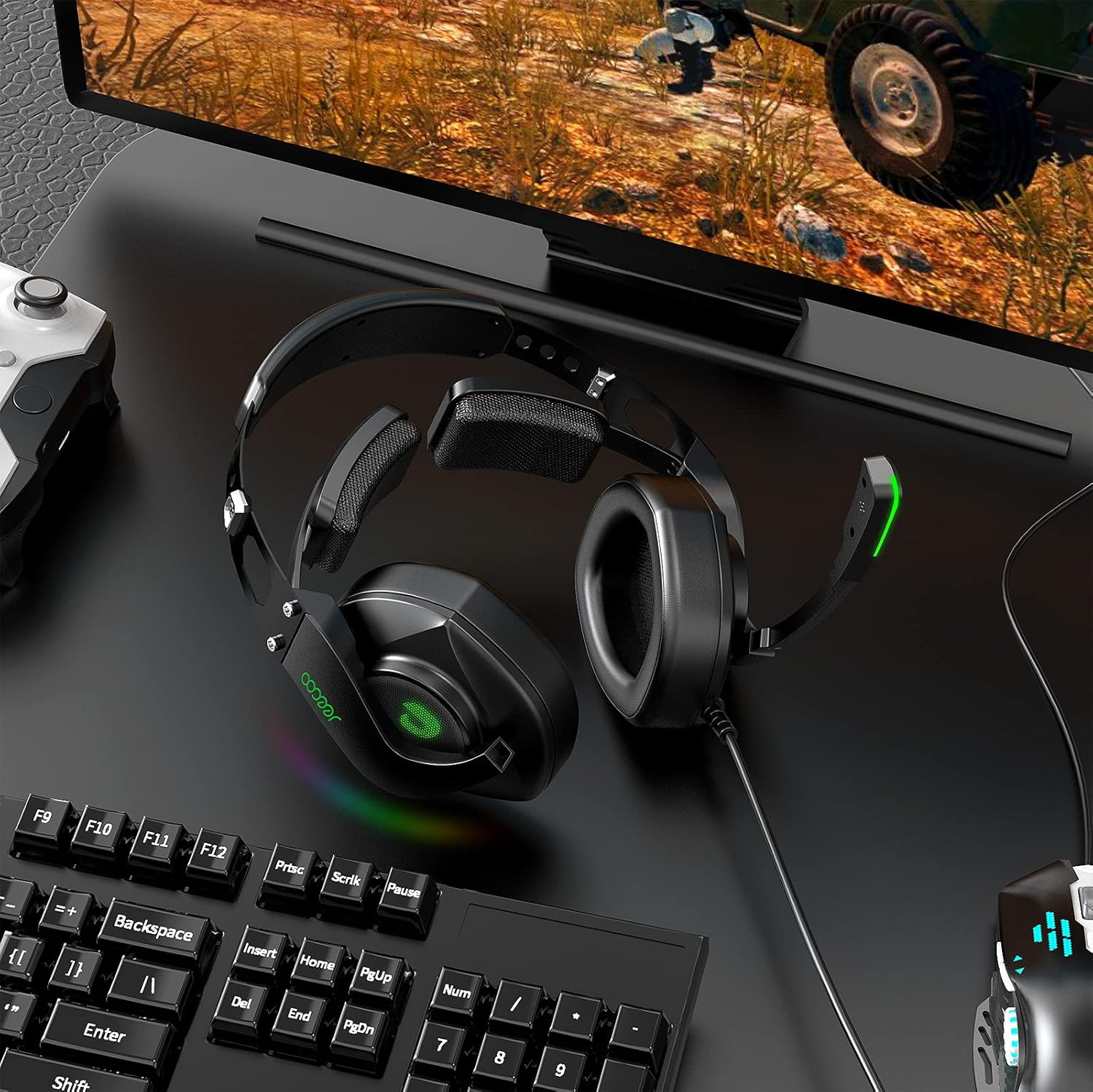 Jeecoo J65 USB Gaming Headset for PC - 7.1 Surround Sound Heavy Bass Headphones with Unique Cushion Pads, Clear and Crystal Microphone - Plug & Play for Laptop Computers (Renewed)