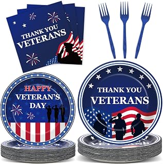 100pcs Veterans Day Plates and Napkins Party Supplies Thank You Veterans Disposable Paper Plates Patriotic Soldier Party Decorations American Flag Tableware Set for Independence Memorial Day Serves 25