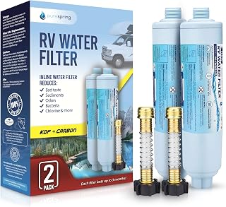 RV/Camper Water Filter with Flexible Hose Protector | Inline Water Filter Reduces Chlorine, Odors, Bad Taste in Drinking Water (2 Pack)
