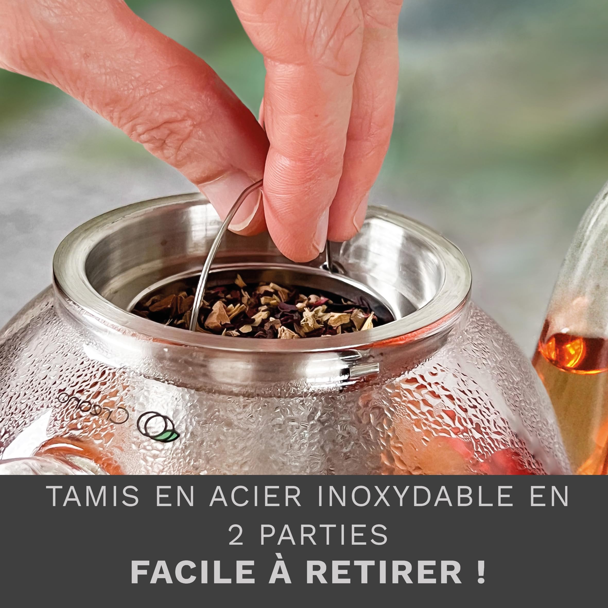 Creano Théière 1 l en verre borosilicaté "haute" avec filtre en acier inoxydable amovible et couvercle en verre – élégante et anti-goutte – pour thé en vrac et fleurs de thé