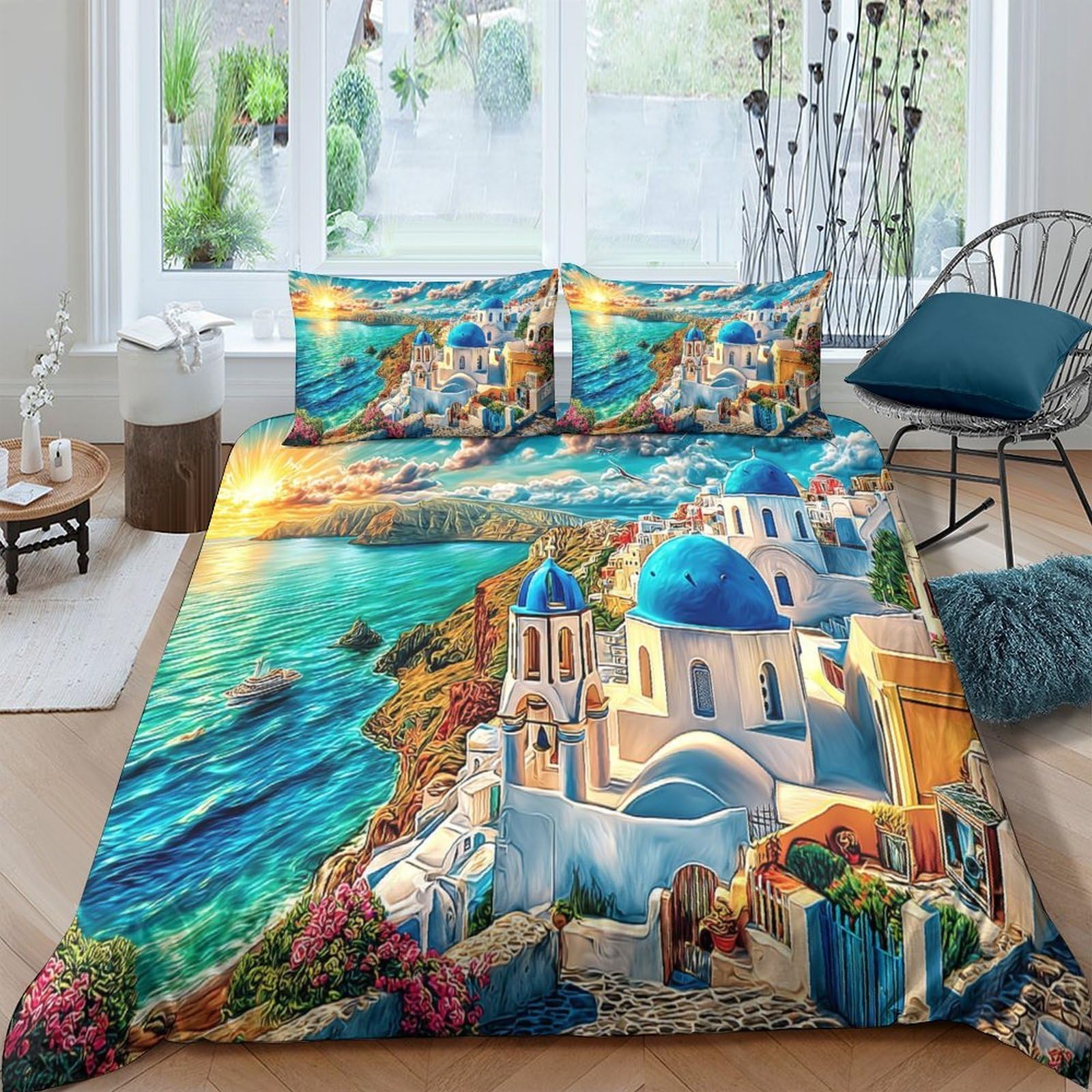 Housse de couette 260x220 cm microfibre set de literie 3 pièces Île de Santorin