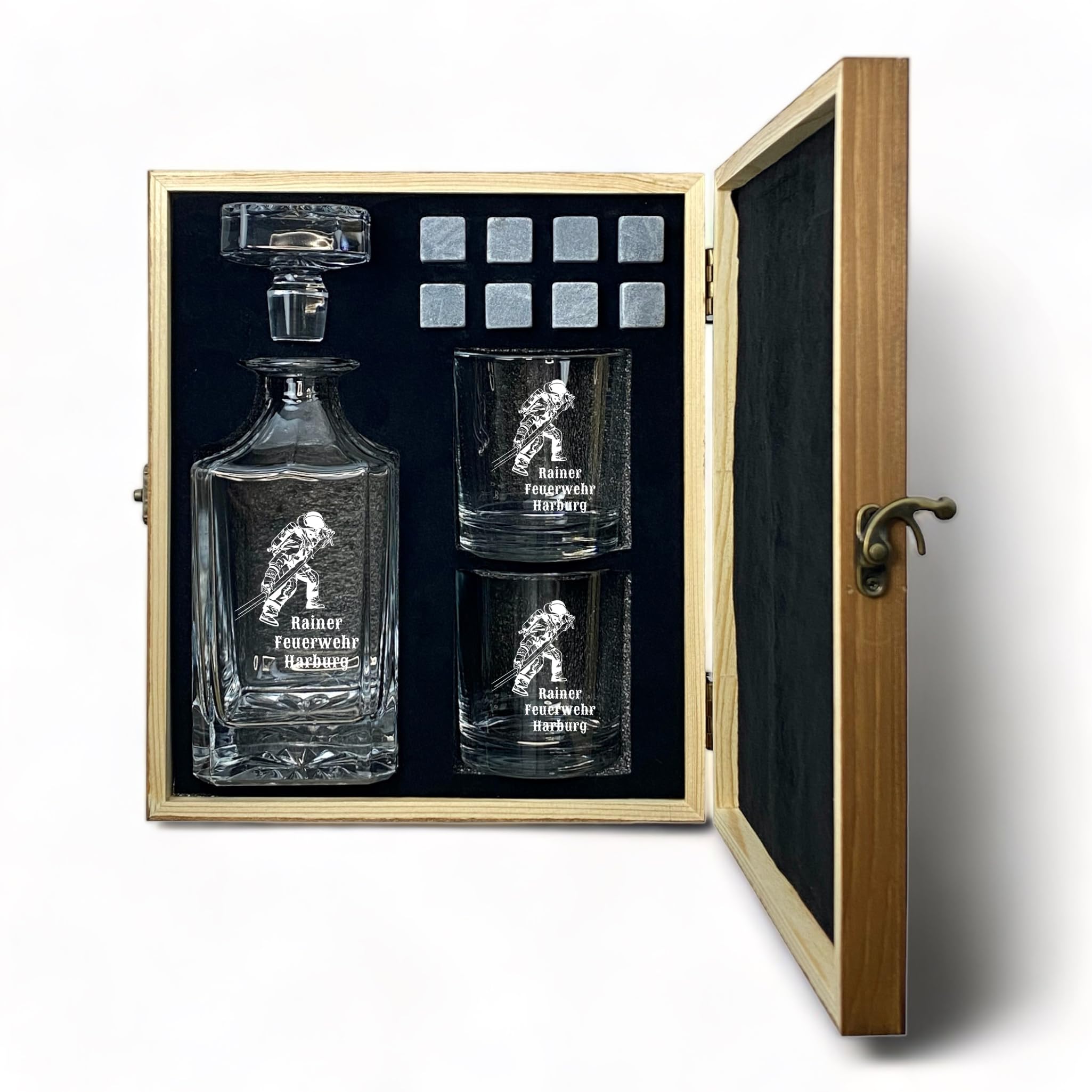 Whisky Set Feuerwehr Gravur und Wunschtext Karaffe 700 ml und Gläser personalisiert Holzbox Geschenk (Motiv 4: Feuerwehrmann mit Schlauch, Karaffe + 4 Gläser)