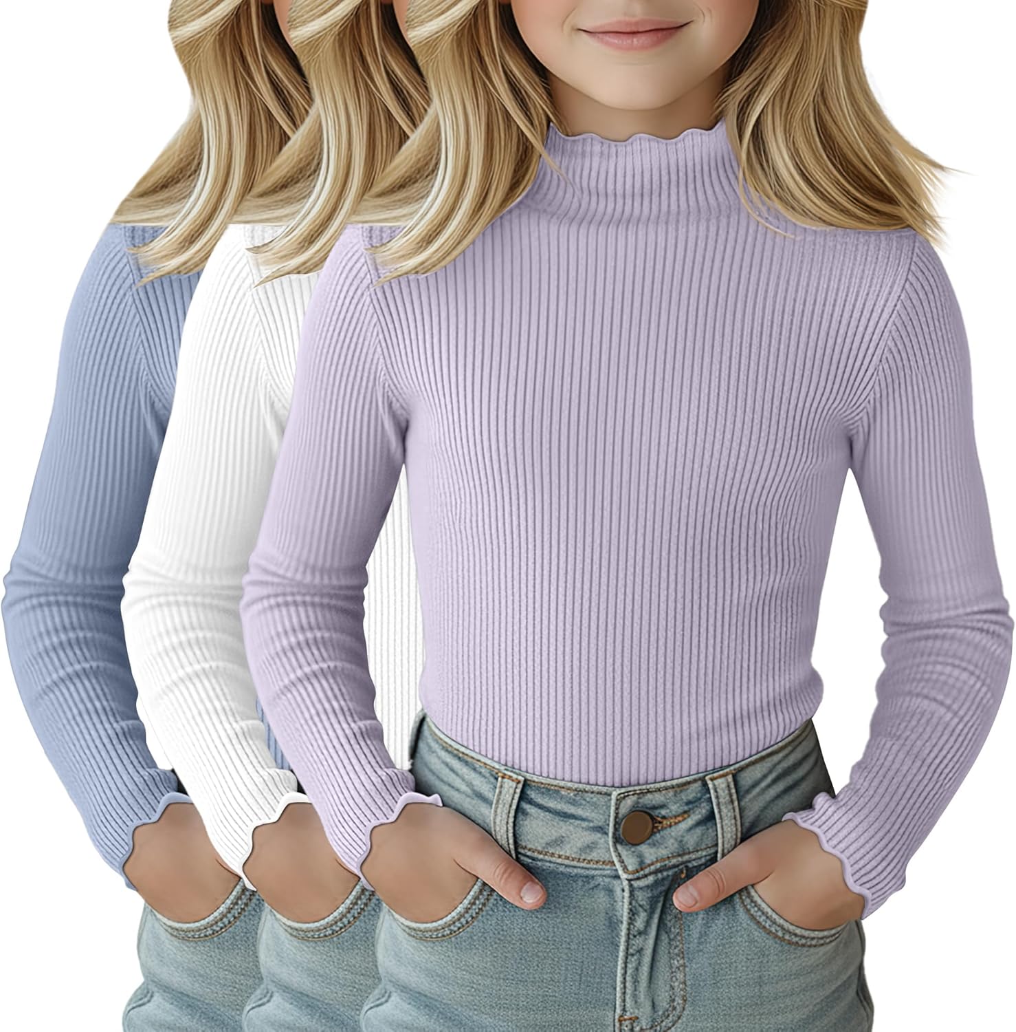 3 Pack Girls Lettuce Trim Mock Neck Cotton Long Sleeve Shirts, 5-14 Years Ribbed Slim Tops Casual Layer Basic Tees