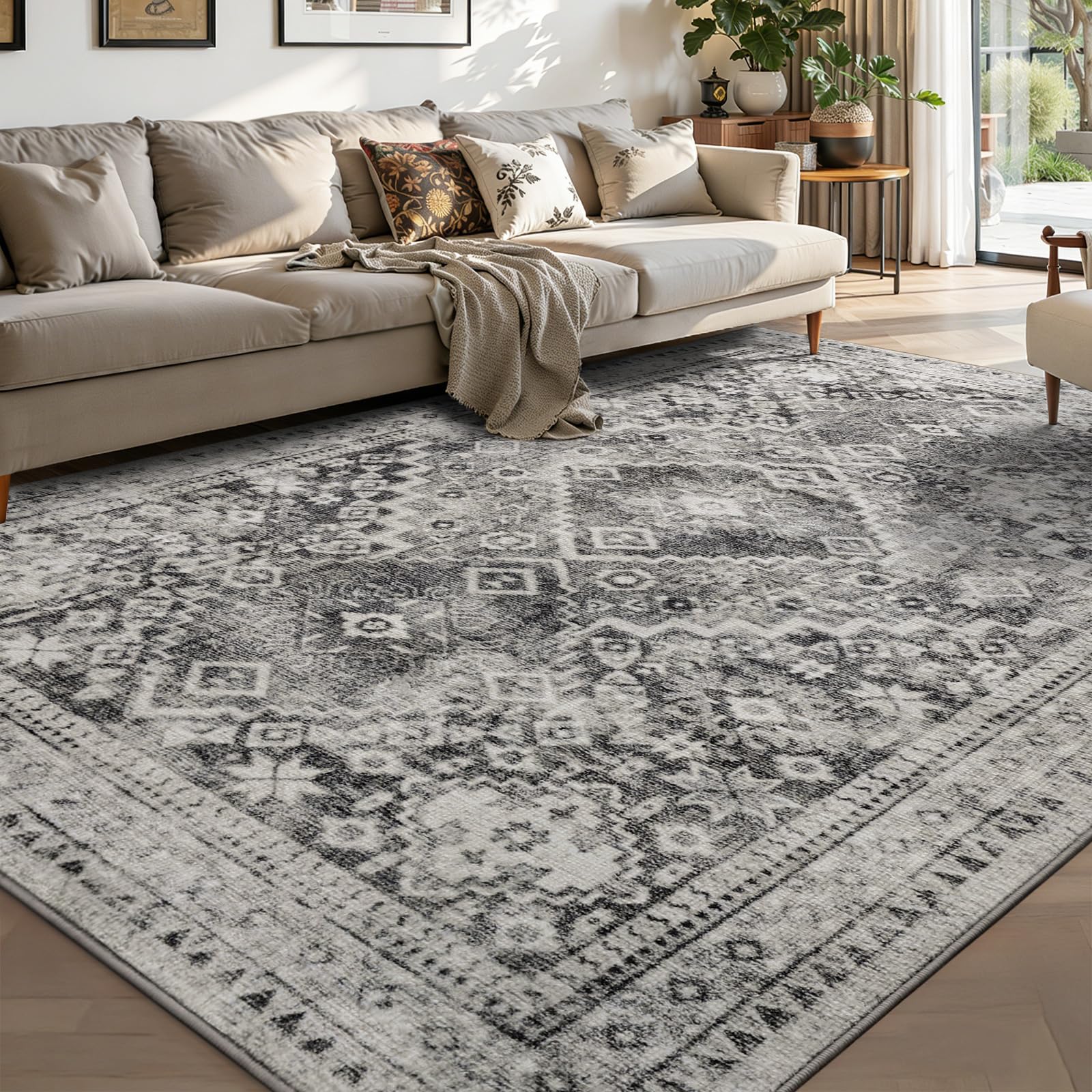 YOH Boho Washable Rug 5x7, Taupe Gray Vintage Non Slip Area Rug, Distressed Indoor Carpet for Living Room Bedroom Kitchen Office