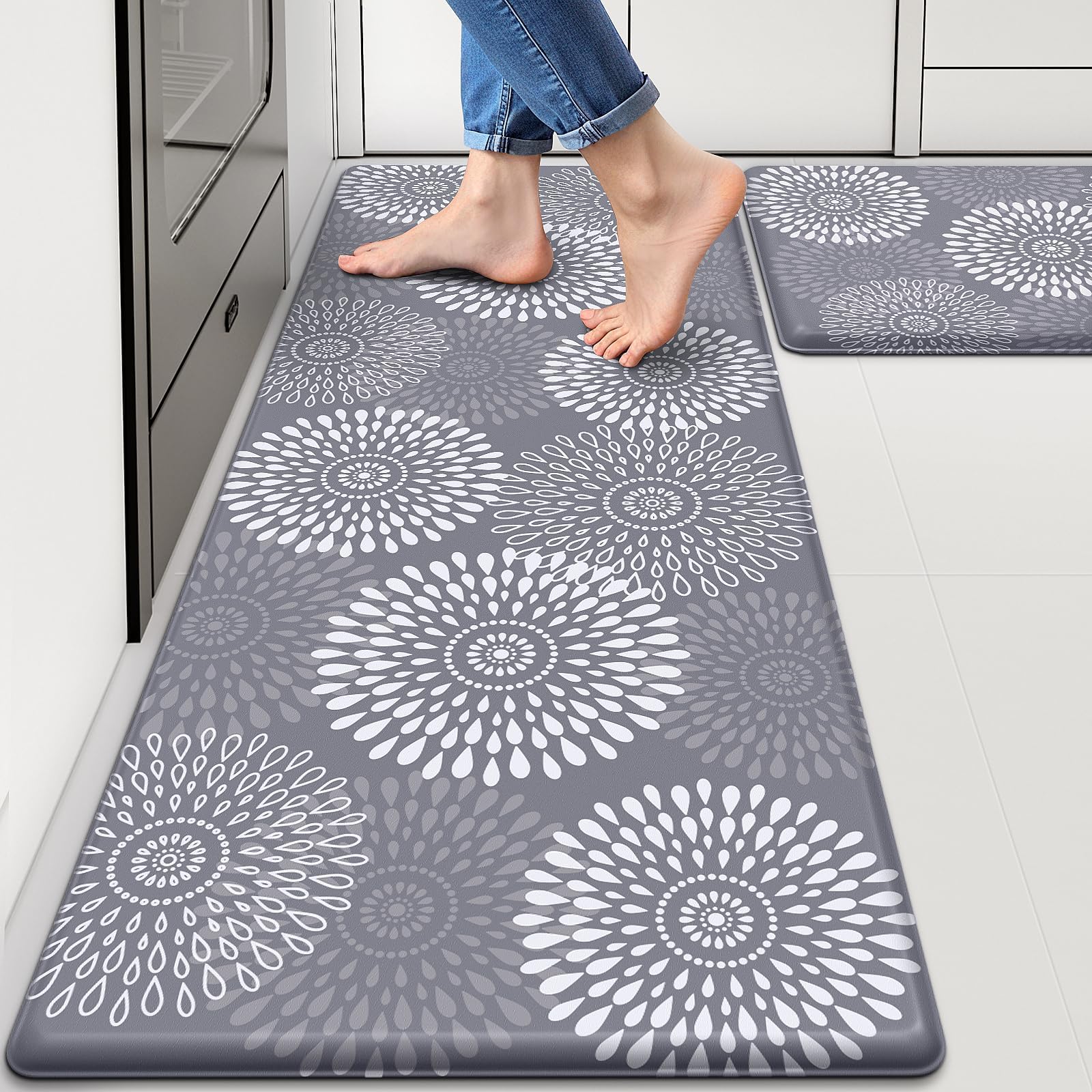 LuxStep Kitchen Mats for Floor,Cushioned Rug Anti-Fatigue Mats for Kitchen Decor Accessories,Waterproof Non-Slip Mats and Rugs Set for Office,Floor,Laundry 17.3"×30"+17.3"×47",Grey