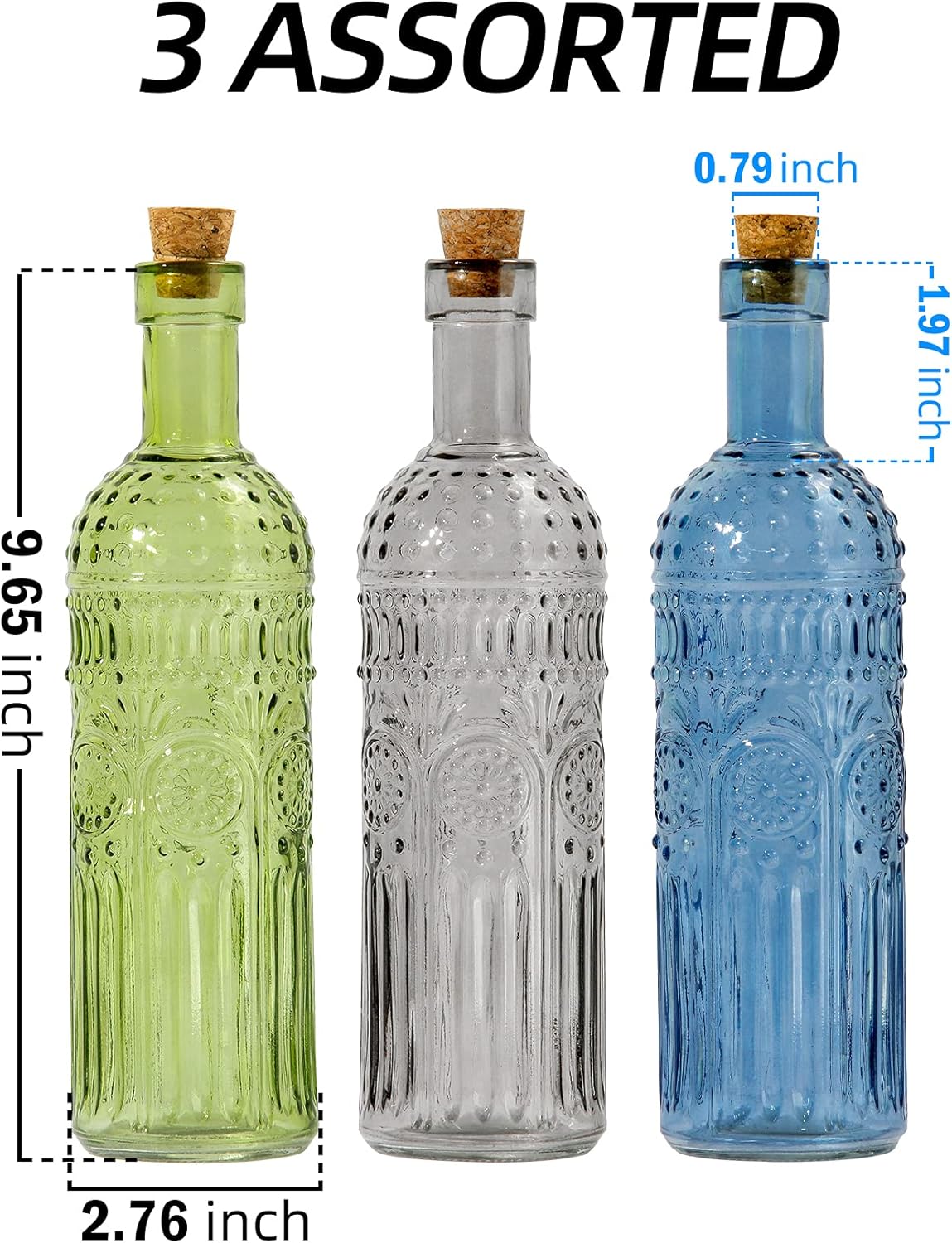 Vintage Vase Decorative Glass Vases, 9.6 inch Embossed Colored Glass Bottles,Large Wine Bottle Size,Set of 3 with Cork Lid-Flower Bud Vases, Garden Decor, Suncatchers, vase (Cold)