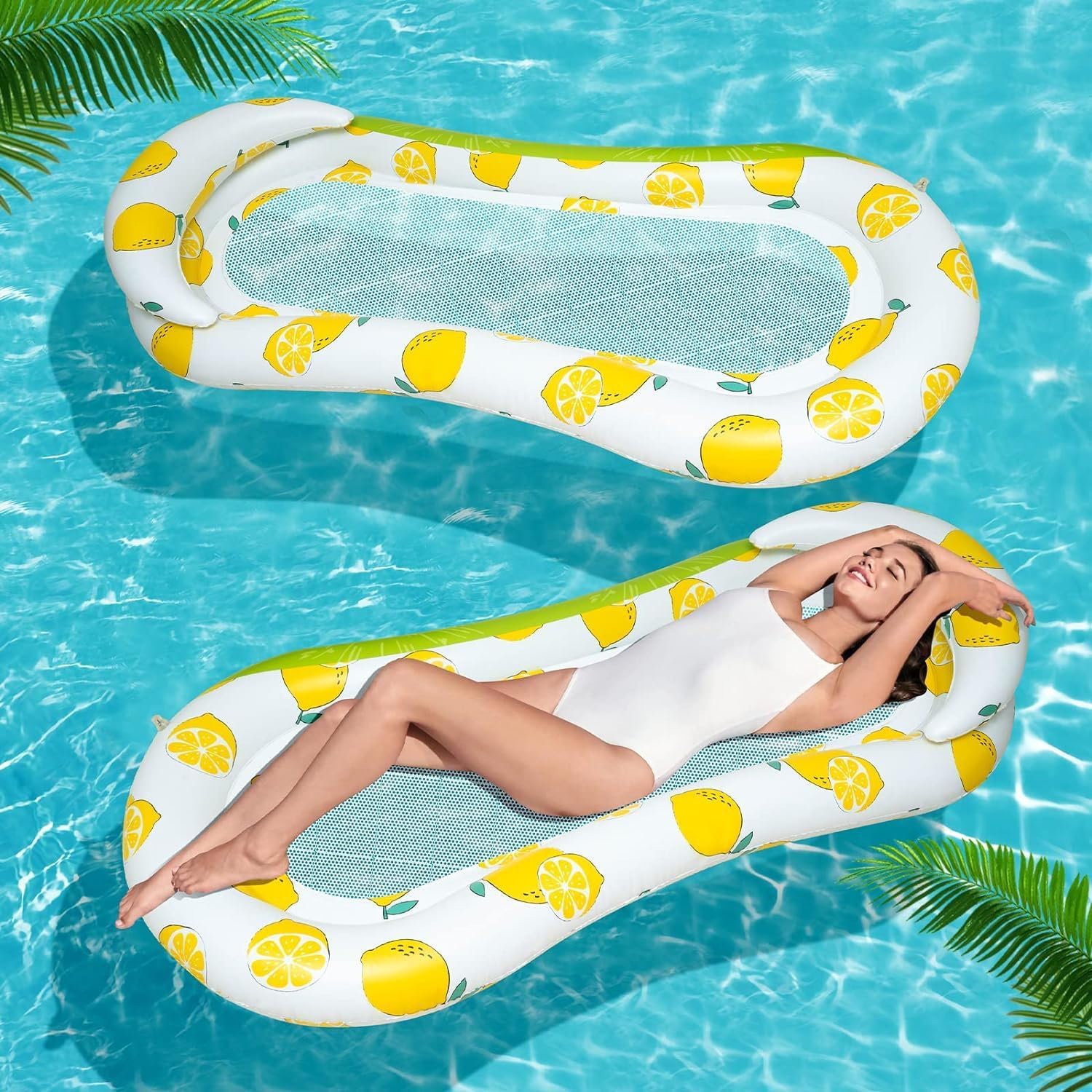 SOLDTRUE Inflatable Pool Raft Lounger with Lemon Pattern | Relaxing Mesh Cooling Bed | Durable & Comfortable Water Hammock for Adults & Kids | Summer Swim Accessory Air Pump Included (1 Pcs.) 1