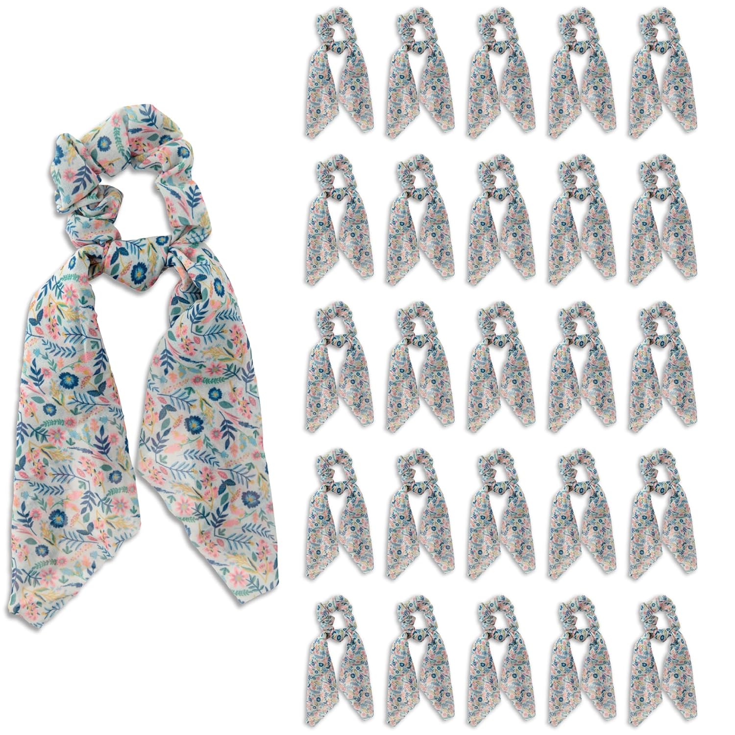 Karma, 25 Piece Set Hair Scarves, Scrunchie and Scarf Set, Chiffon Ponytail Hair Scarves, Al Fresco Floral