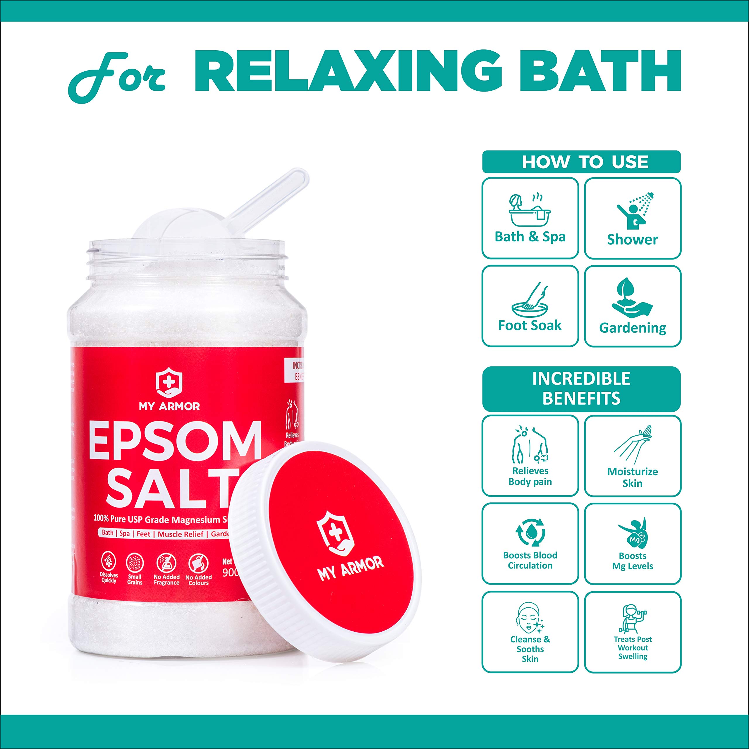 MY ARMOR Epsom Bath Salt, Pure USP Grade Salt , Relieves Muscle Aches
