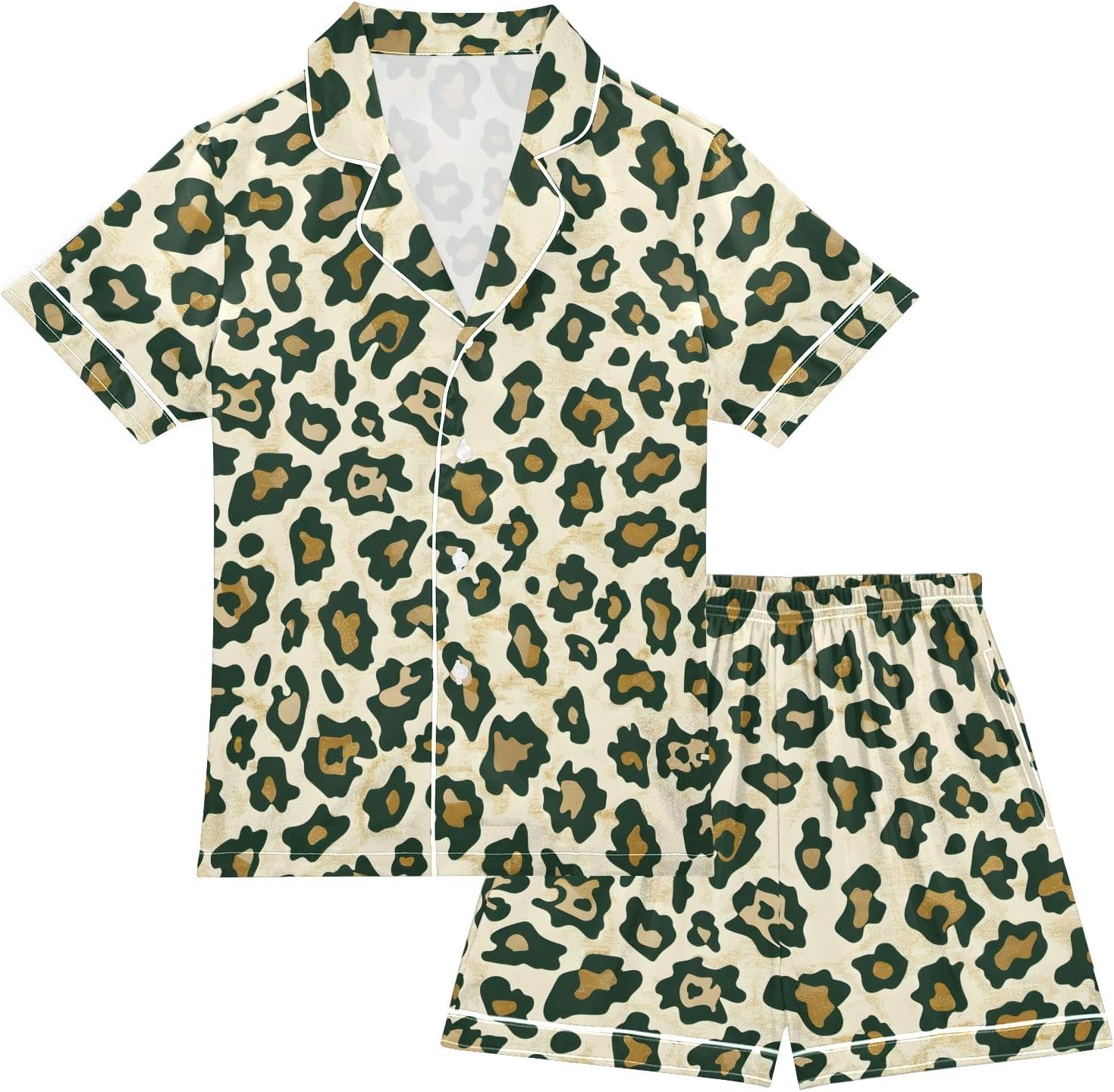 Kids Satin Wear Set Leopard Print Beige Brown Pattern Relaxed Fit Clothing Short Sleeve and Shorts
