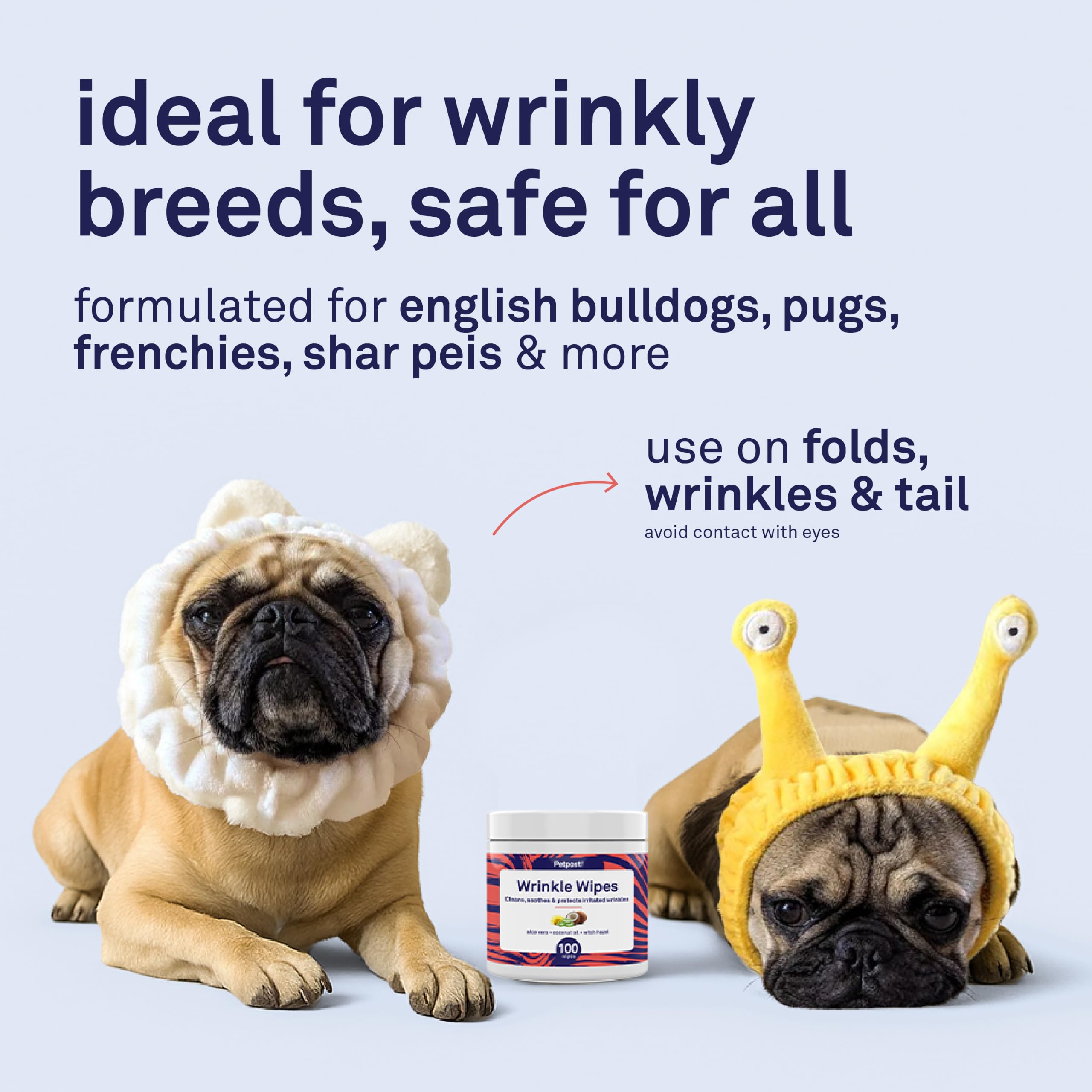 Petpost | Bulldog Wrinkle Wipes for Dogs - Cleans and Soothes Pug Wrinkles and Folds - 100 Ultra Soft Cotton Pads in Coconut Oil Solution
