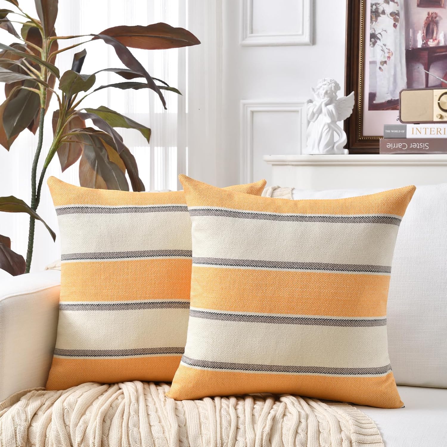 AmHoo Pack of 2 Farmhouse Linen Throw Pillow Cover Cushion Stripe Decoration Buffalo Retro Pillowcase with Hidden Zipper for Sofa Bedroom Car 24 x 24 Inch Blue