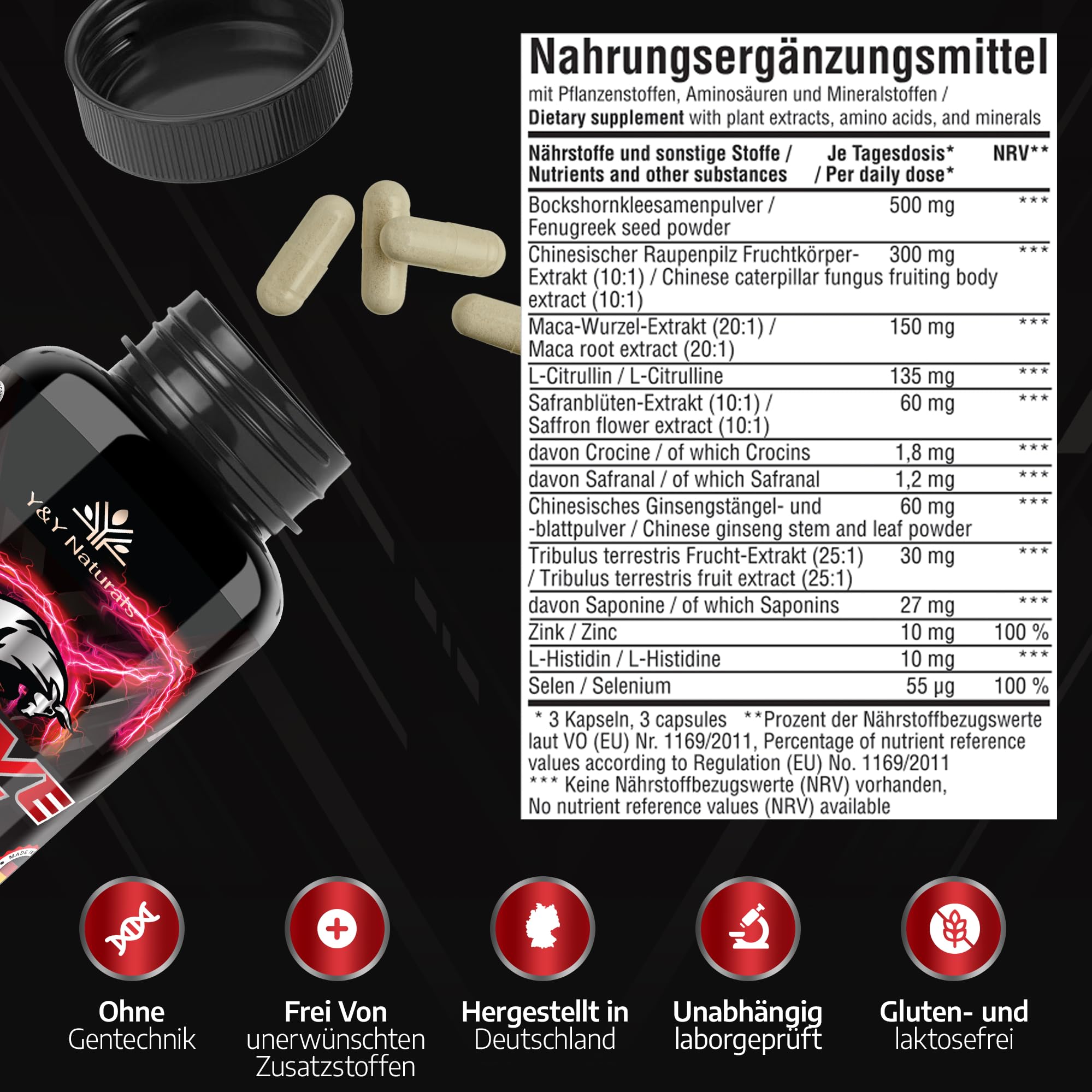 Männer Testosteron¹ Kapseln – 10-in-1 Komplex mit Maca 20:1, Tribulus, Bockshornklee, Zink, Selen & Safran | Active Men | Vegan, Laborgeprüft, Made in Germany | Alternative zu Ashwagandha