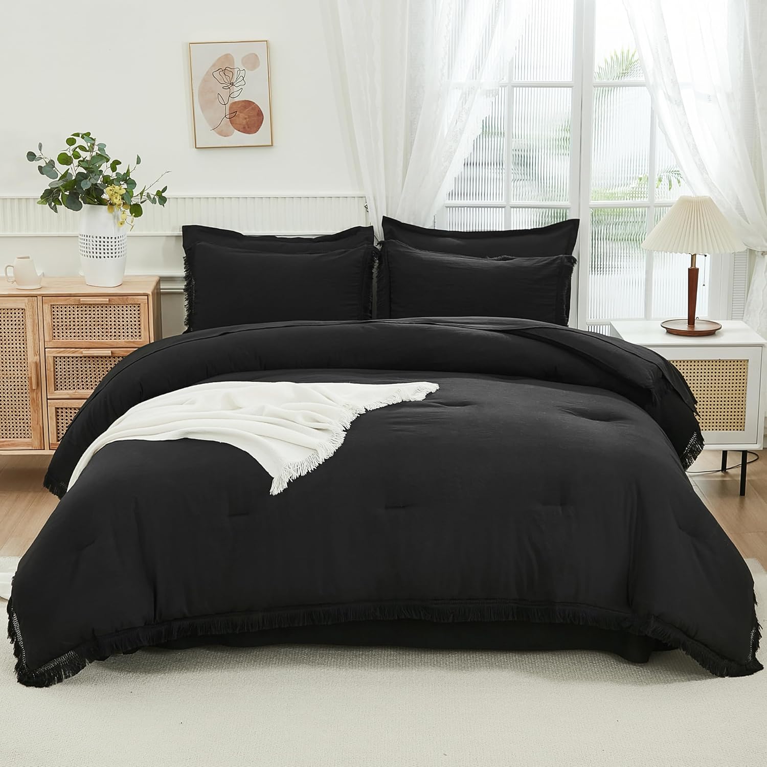 andency black full size comforter set with sheets - 7 pieces boho tassel bed in a bag soft lightweight bedding sets, black fringe bed set with comforter, sheets, pillowcases & shams 06 - black full