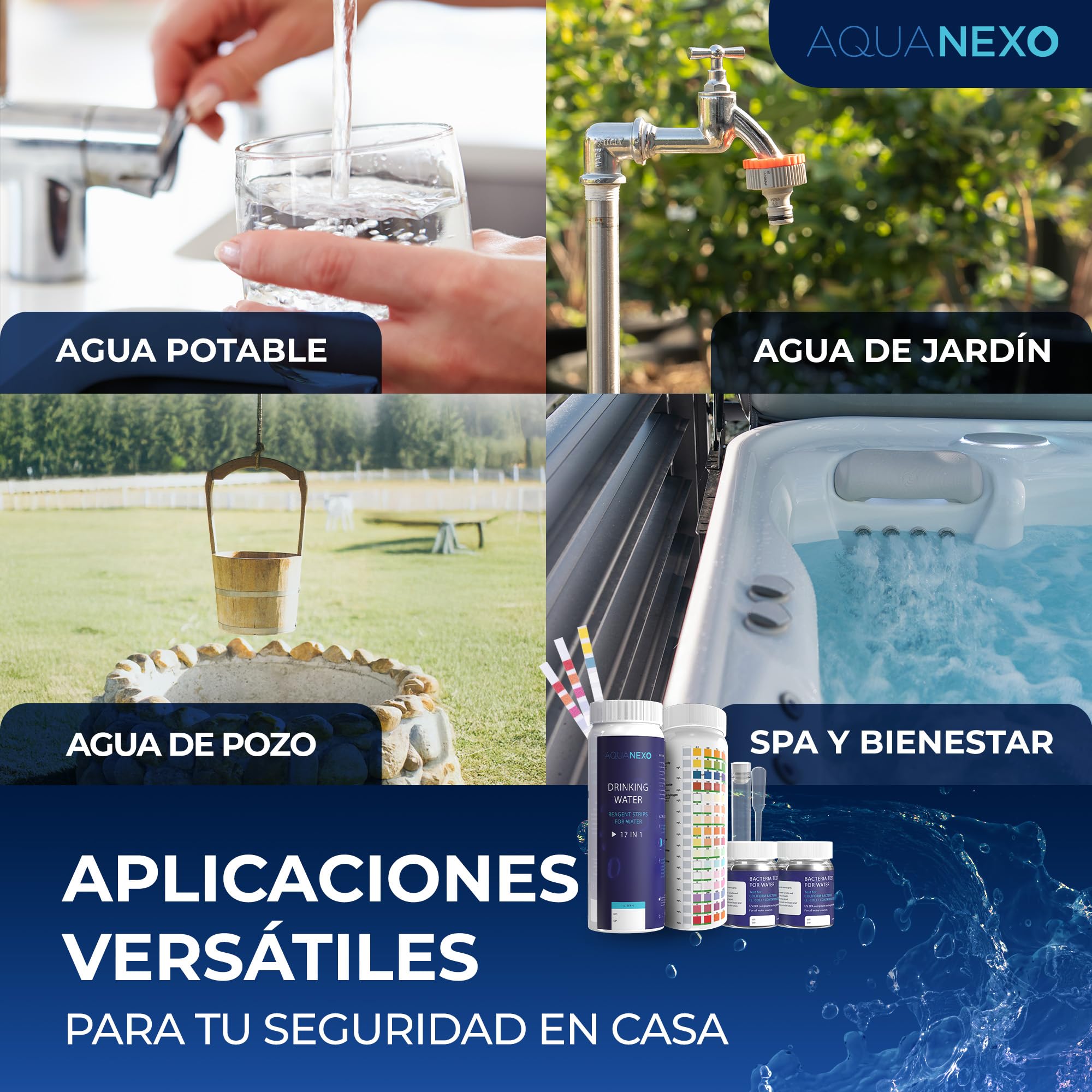 18 parámetros, 125 tiras de prueba de agua potable (5x25)+ 2x prueba de bacterias coliformes, tiras de prueba de pH, probador de agua potable, dureza del agua, prueba de agua potable