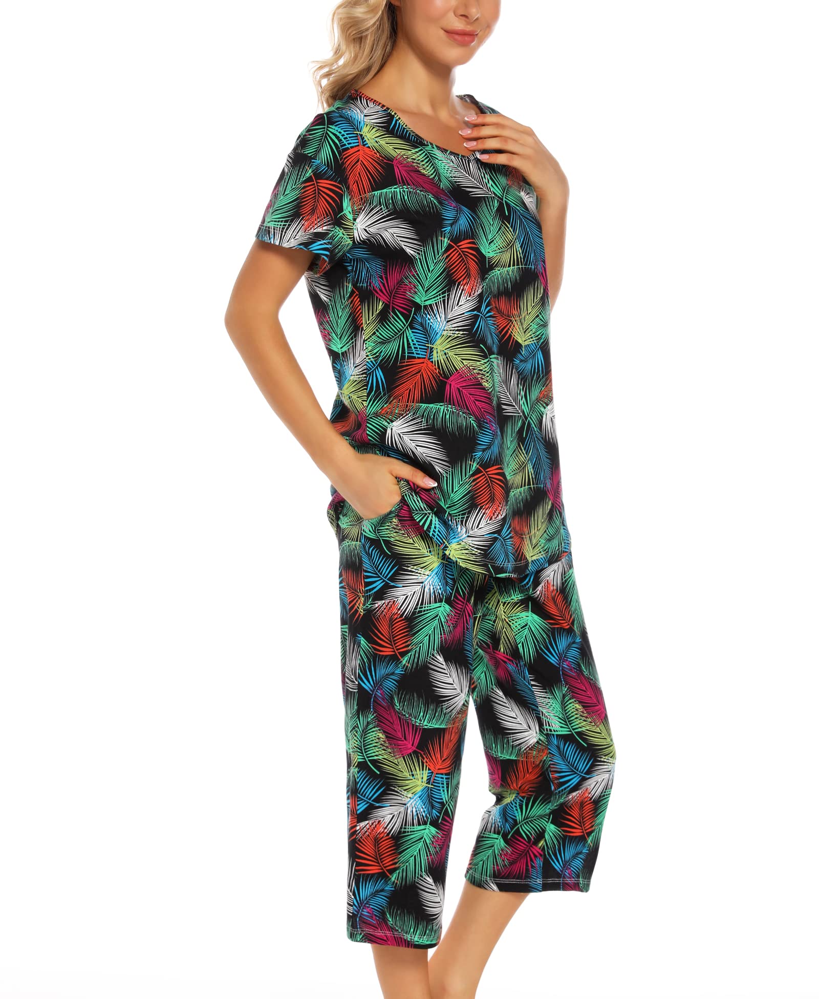 ENJOYNIGHTWomen's Tie Dye Printed Pajama Sets Sleepwear Top with Capri Pants Lounge Sets with Pocket