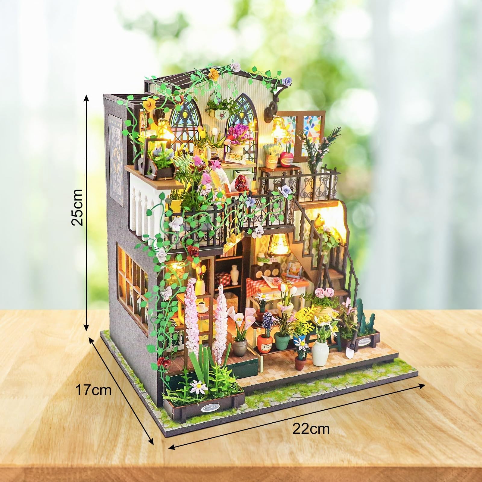 Cuteefun Miniatura Casa Delle Bambole Kit, Dollhouse in Legno con LED, Kit Casa Minuscola per Adulti da Costruire, Regali Unici per Compleanni, Natale(Casa di Fiori)