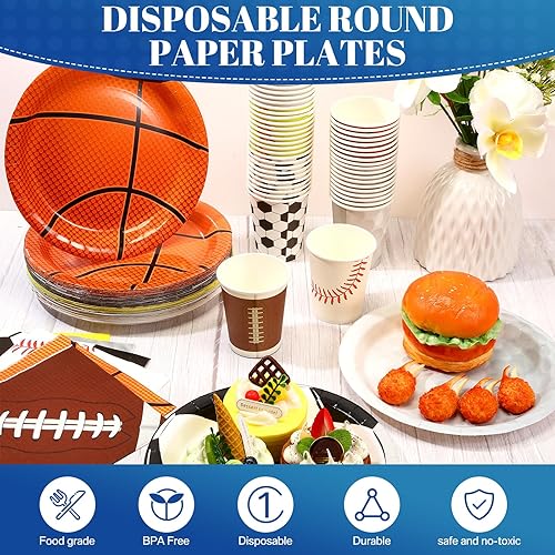 Miniatura 5 de Hushee 180 piezas de decoración de fiesta de cumpleaños temática deportiva, suministros desechables que incluyen 60 platos de papel temáticos