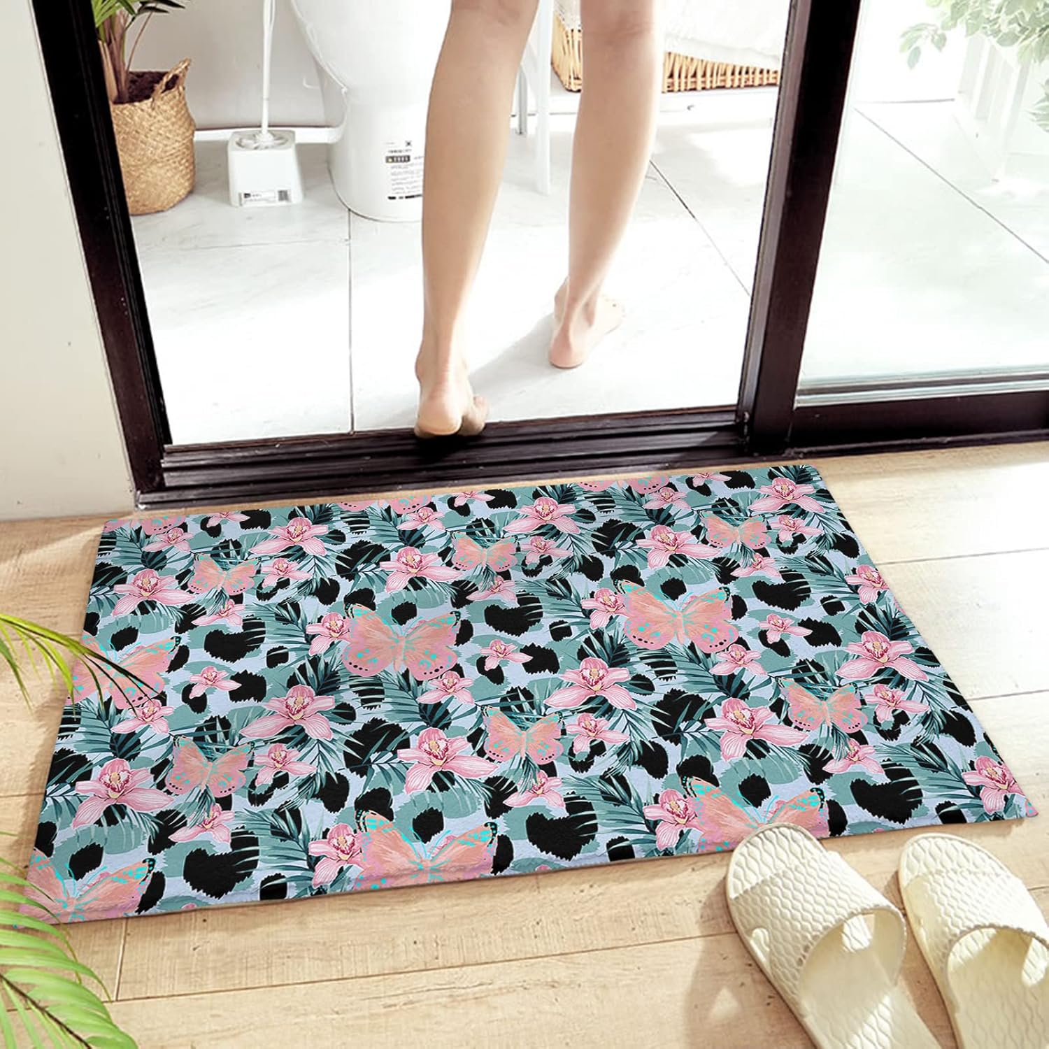 Leaves Flower Plush Rug Non Slip Bath Mat, Retro Spring