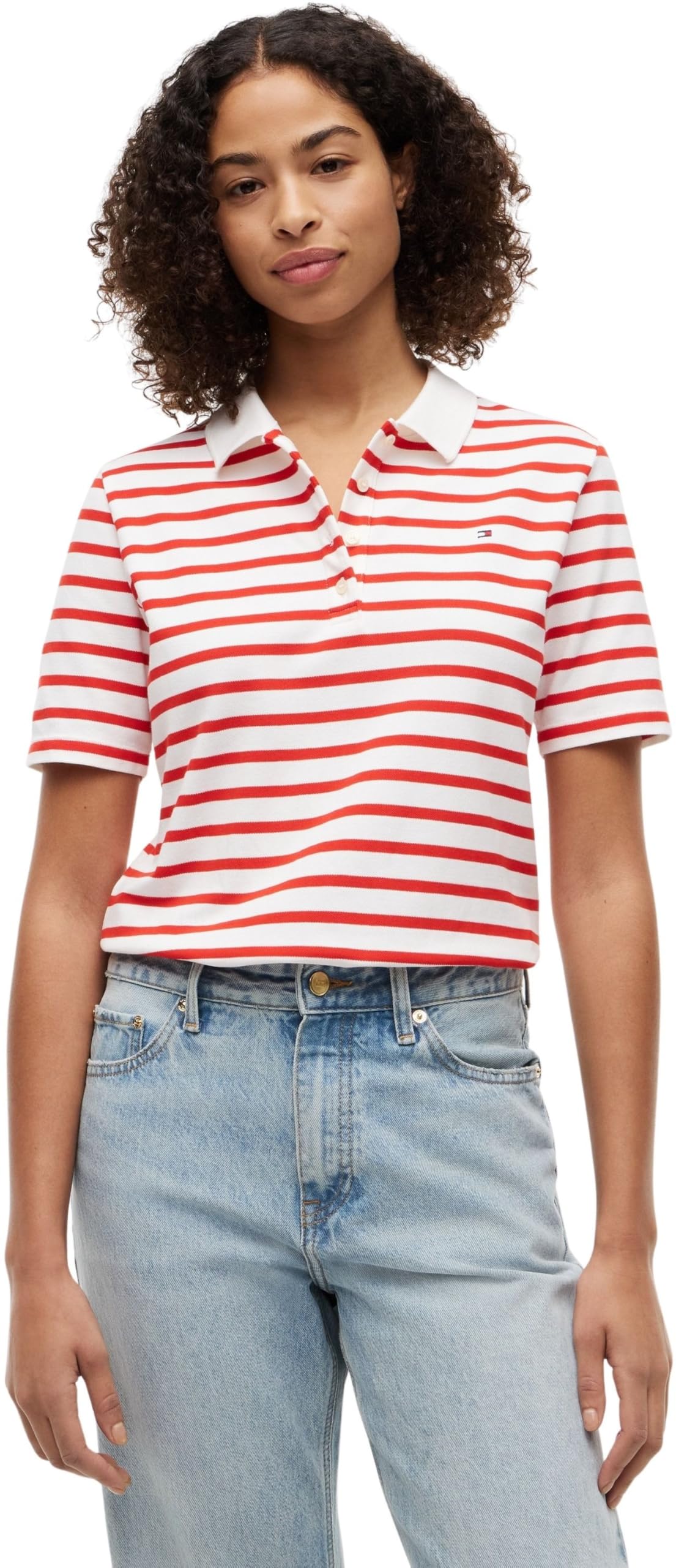 Tommy Hilfiger Women's 1985 Reg Pique Polo Ss Ww0Ww43224 S/S Polo, RED (Wide STRP Fire Red/Ecru), XL