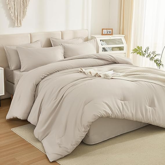 Litanika Comforter California King Size Set Tannish Grey - 7 Pieces Bed in a Bag California King Bedding Comforter Sets, Plain Lightweight Bed Set with Comforter, Sheets, Pillowcases & Shams