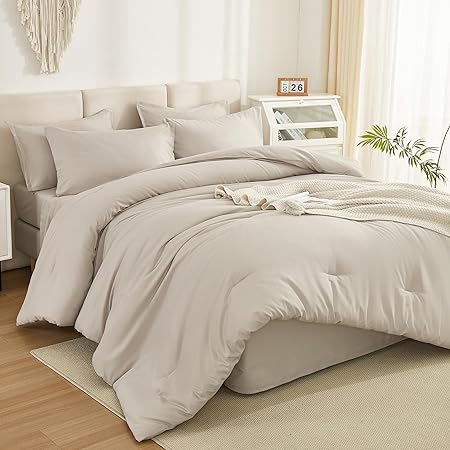 Litanika Comforter California King Size Set Tannish Grey - 7 Pieces Bed in a Bag California King Bedding Comforter Sets, Plain Lightweight Bed Set with Comforter, Sheets, Pillowcases & Shams