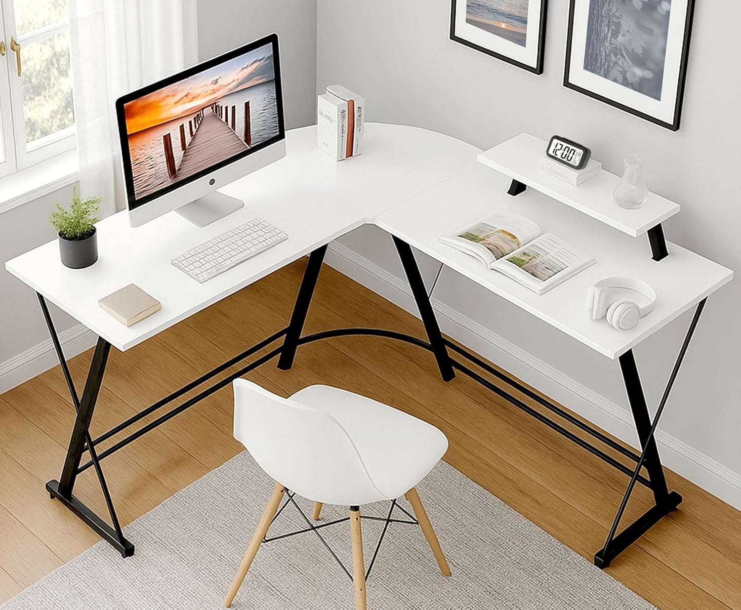 L-Shape Corner Desk | Monitor Raising Shelf | Made of P2 Grade Melamine Particle Board & Sturdy Steel Frame | Use in Office, Home, Gaming, Streaming | White | L(130+130)*45 * 77cm