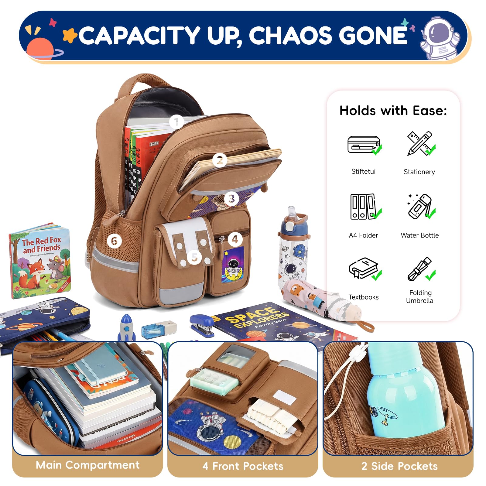 Amythe Zaino Bambino Scuola Elementare 8-12 Anni – Zaino Ergonomico Leggero con Strisce Riflettenti, Scomparto A4, Oxford 600g – Astronauta per Rientro a Scuola -Marrone