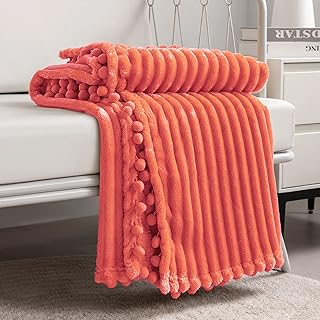 Fleece Blanket Throw Size – 51x63, Coral – Soft, Plush, Fluffy, Fuzzy, Warm, Cozy – Perfect Throw for Couch, Bed, Sofa - with Pompom Fringe - Flannel Blanket Throw Blanket