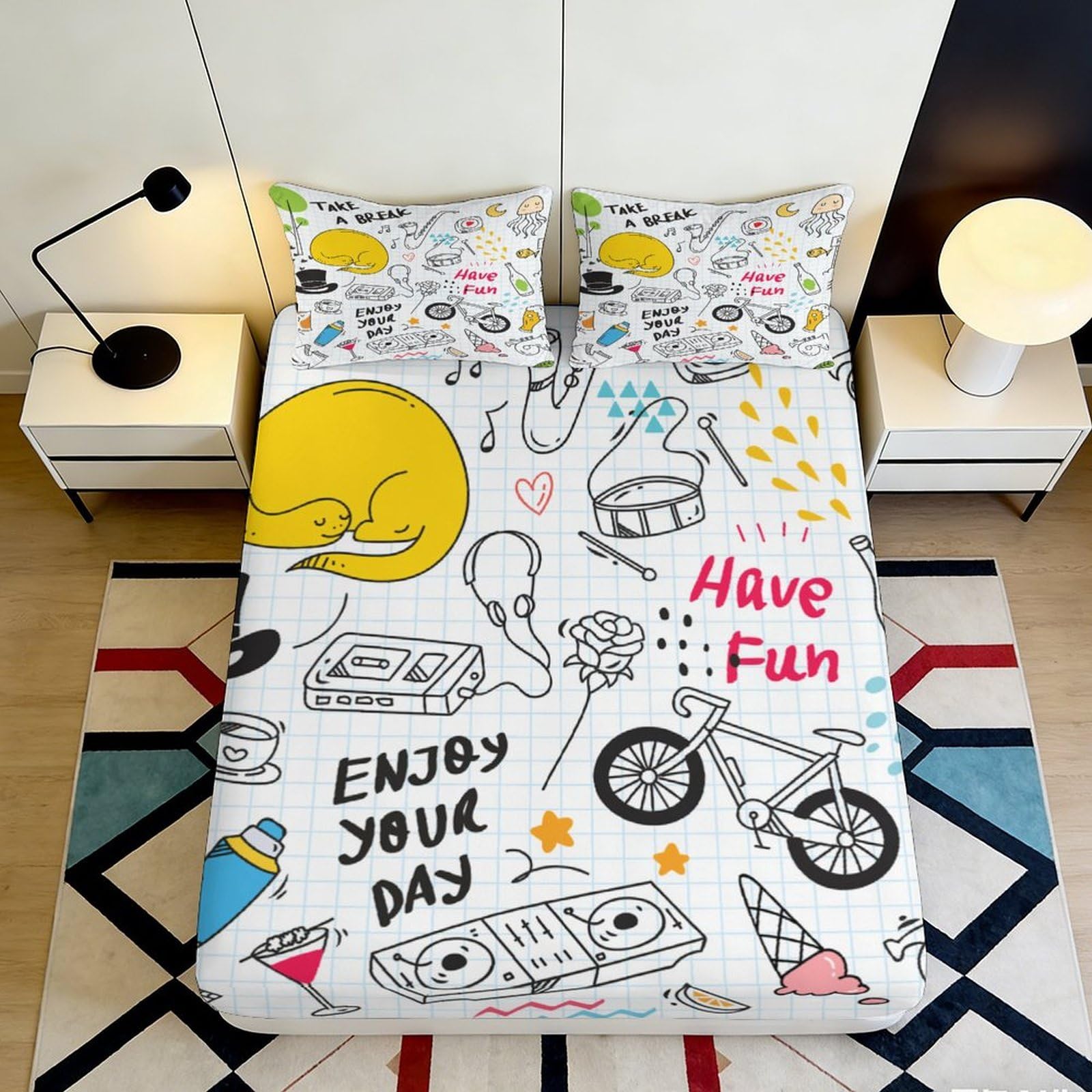 3D Printed Graffiti Cartoon Fitted Sheet Microfiber Soft Breathable Doodle Pattern Mattress Cover for Bedroom Dorm Decor 90x200x25cm