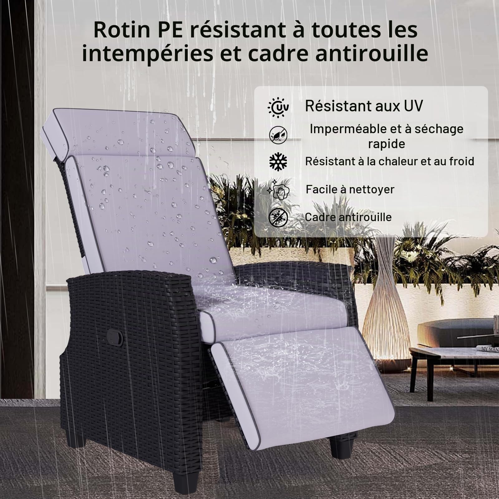 Fauteuil Relax de Jardin avec Dossier Réglable et Table Latérale | Rotin PE résistant aux UV, cadre en aluminium, coussins déhoussables, idéal jardin et terrasse