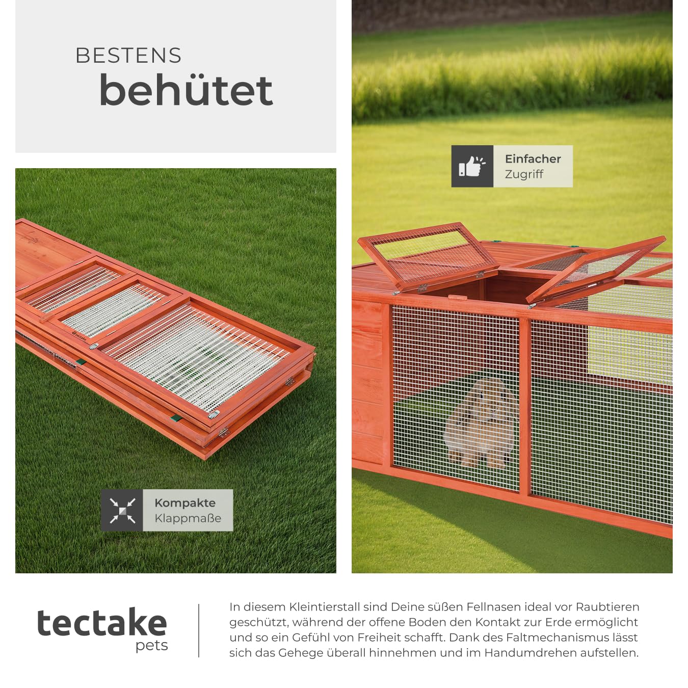tectake® Hasenstall, faltbar, Holz, mit Dachöffnung, Freigehege, Meerschweinchen Käfig, Kaninchen Zubehör, Freilaufgehege Kaninchen, Meerschweinchen Zubehör, Kleintierkäfig, Hasenkäfig 150x103x53cm