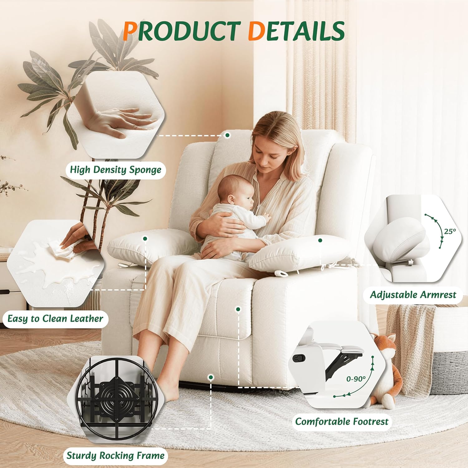AILEEKISS Nursery Glider Recliner Chair with Adjustable Armrests, Swivel Rocking Recliner for Breastfeeding Moms, 360° Swivel, 30° Rocking, 90°-160° Recline, Easy-Clean Nursery Chair(White)