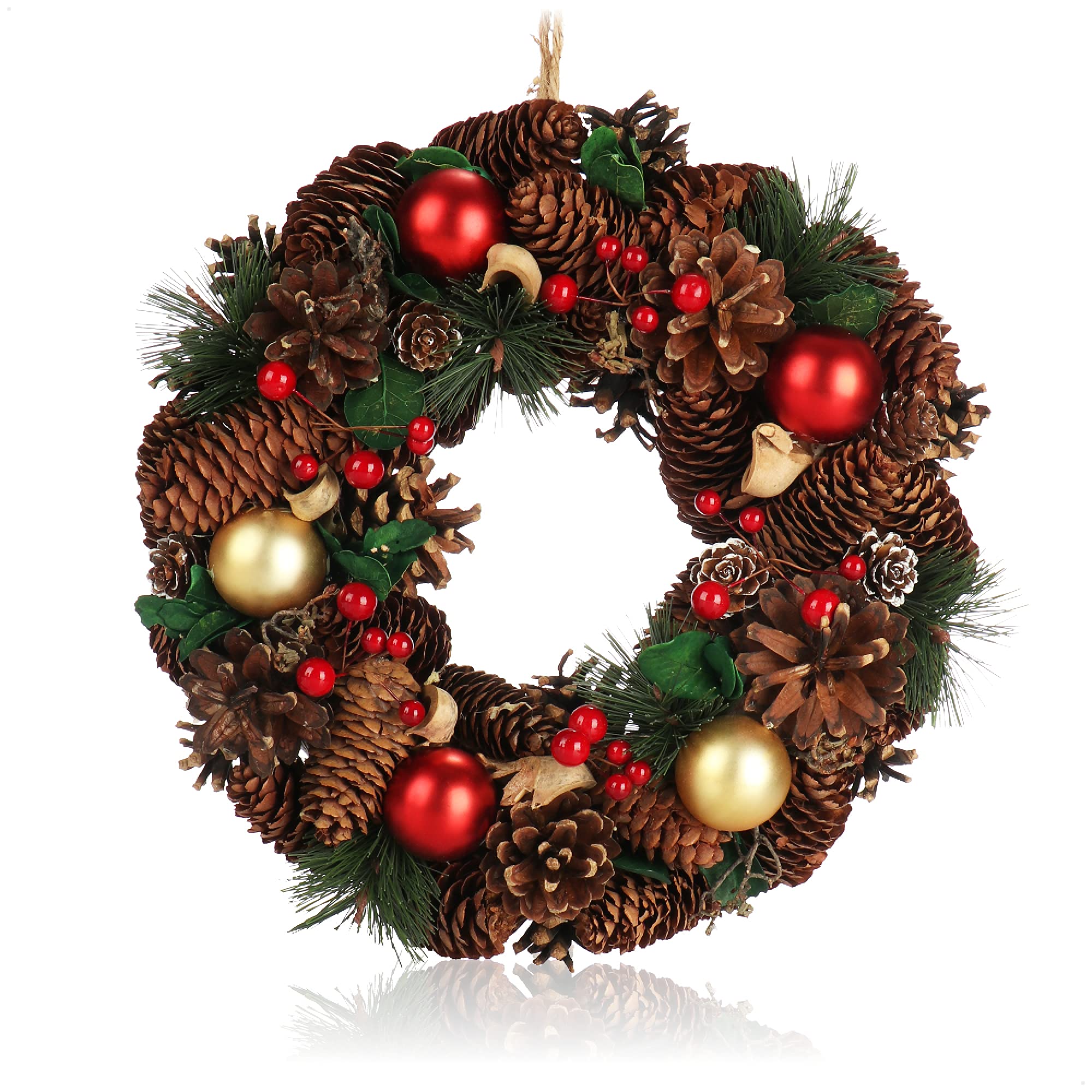 Com-Four Gold-Colored + Red Balls Com-Four® Christmas Door Wreath - Advent Wreath With Pine Cones And Christmas Tree Balls - Decorative Wreath Ø Approx. 30 Cm - Christmas Decoration - Table Wreath (Gold-Colored + Red Balls)