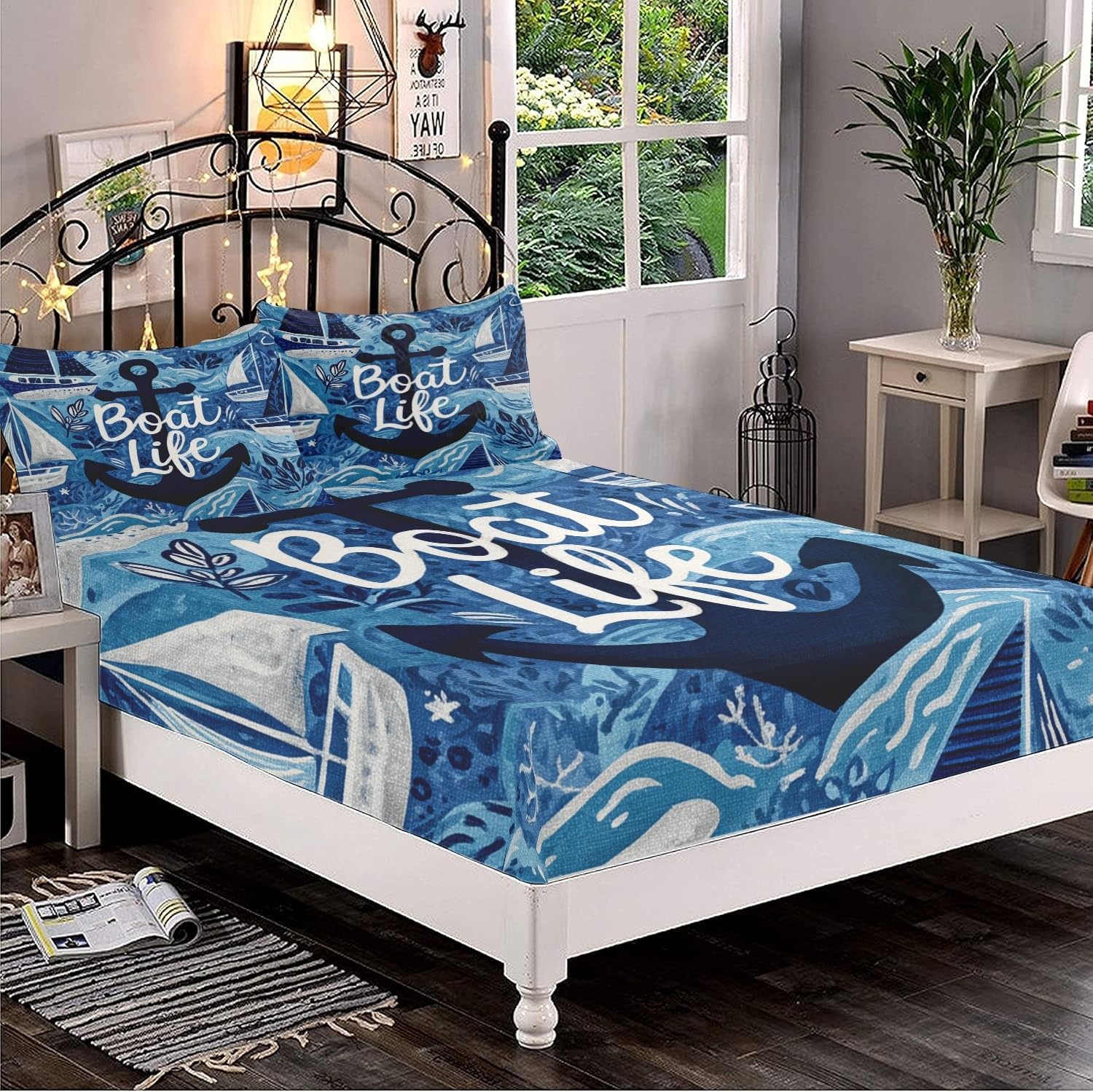 Juegos de Cama Azul Oscuro Sábana Bajera Ajustable 200x200x30cm