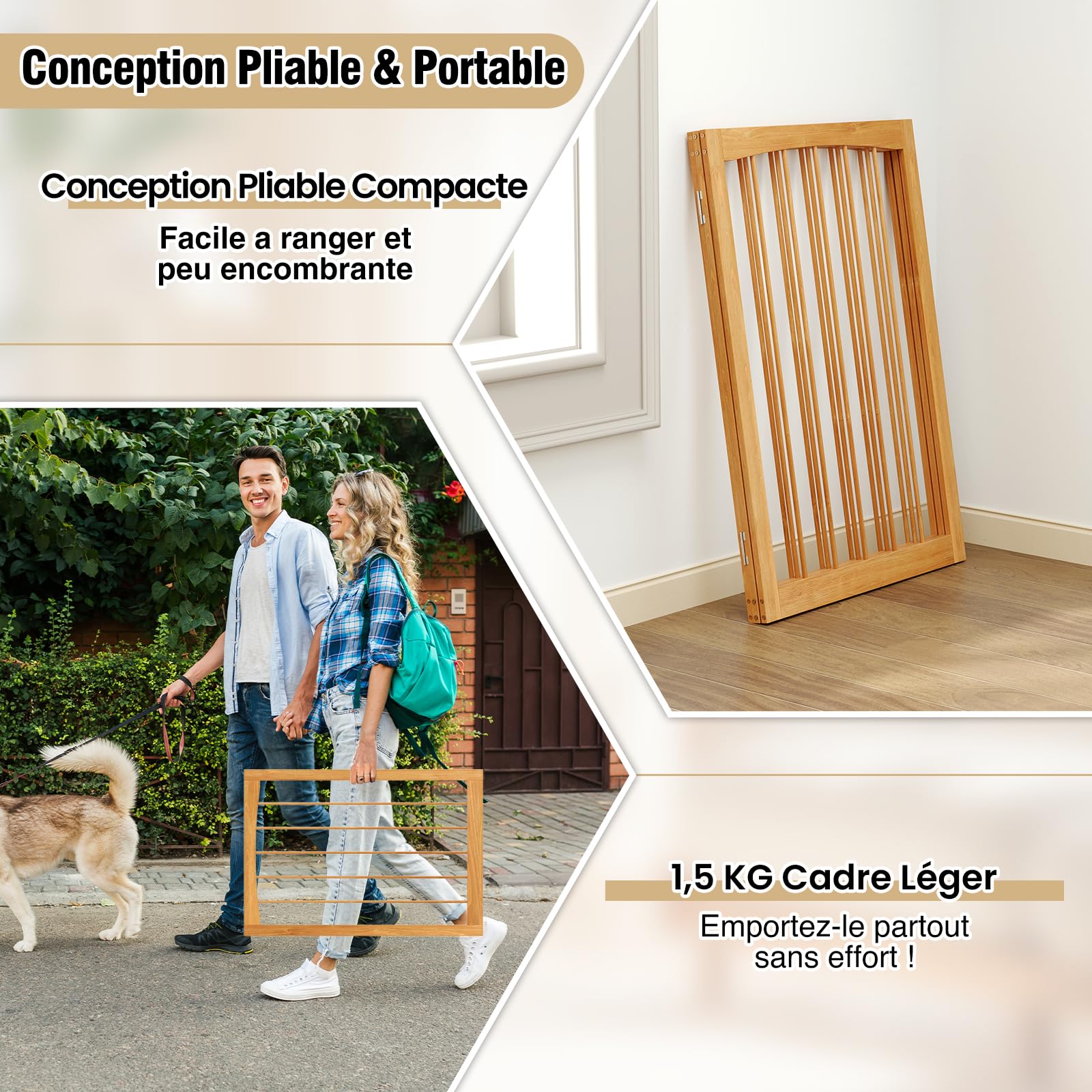 COSTWAY Barriere de Securite Chien, Barrière Chien Pliable à 3 Panneaux, Cadre en Bois de Sapin, Charnières Flexibles, Barrière Chat Chiot pour Escalier Salon Cuisine, 159 × 76 cm (Naturel)