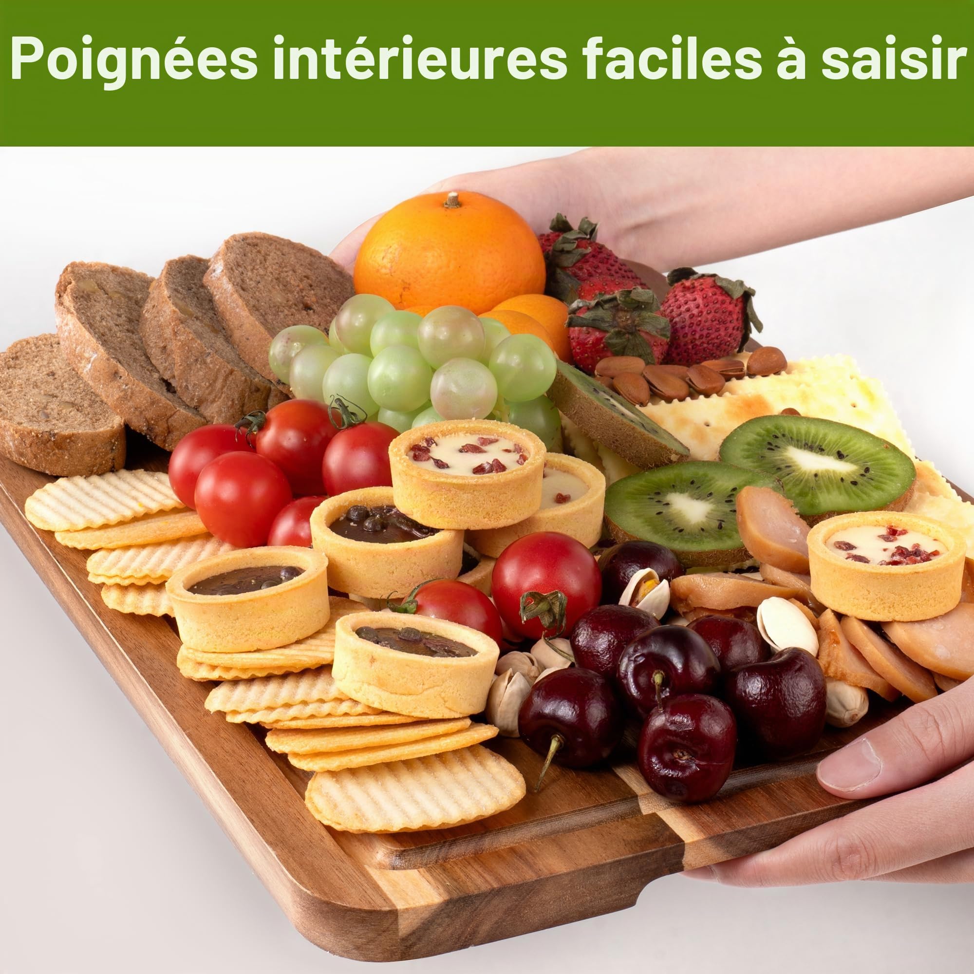 WILLKOMMEN Lot de 3 planches à découper en bois pour cuisine avec rainure pour jus, planches à découper (37x25-30x20-25x17cm) et bloc de boucher pour viande, légumes et fromage