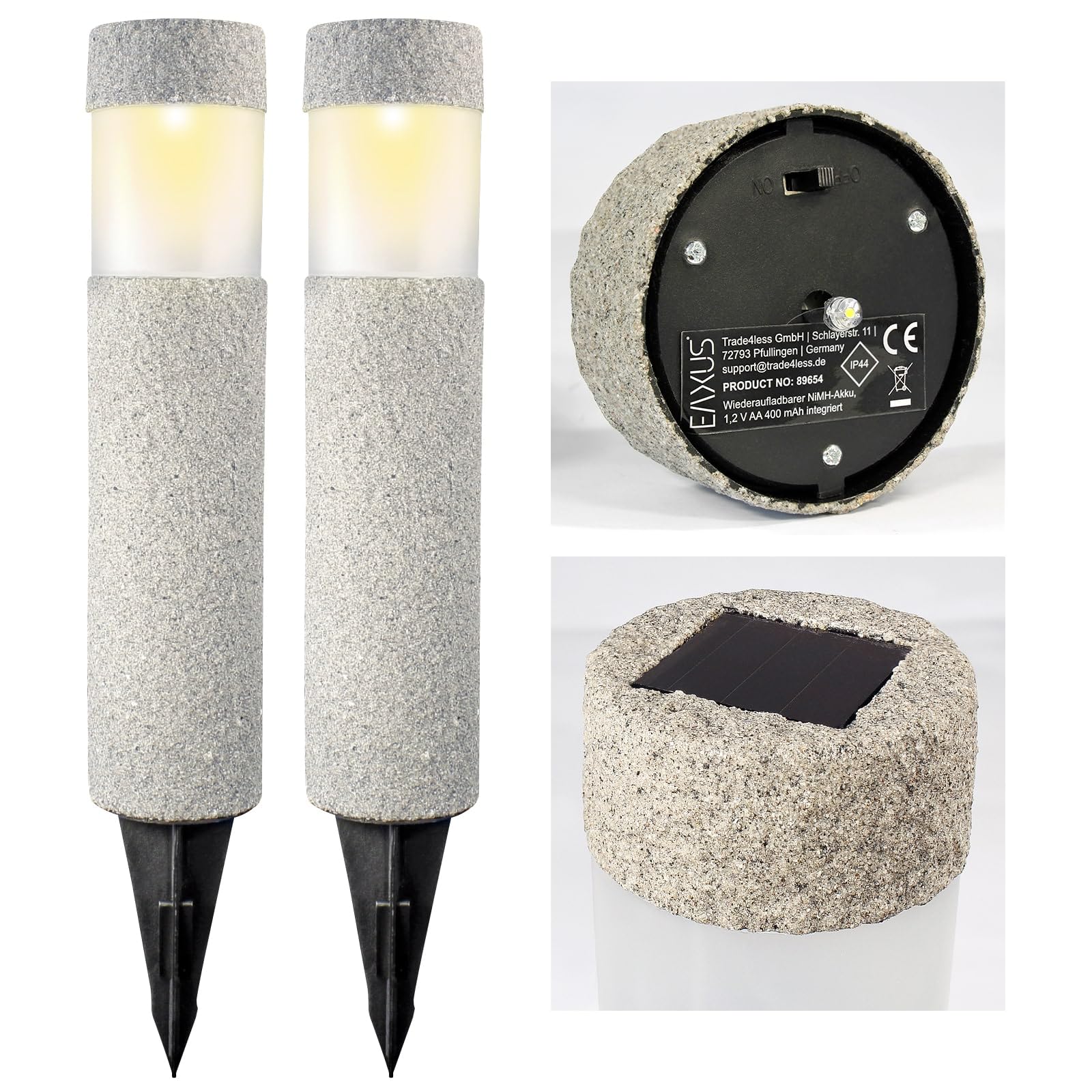 Eaxus Solarlichter onyX 12er-Set | LED Gartenleuchten mit Echtstein-Oberfläche | Wegeleuchten mit Erdspieß | Wetterfest | für Garten, Balkon & Terrasse | Grau