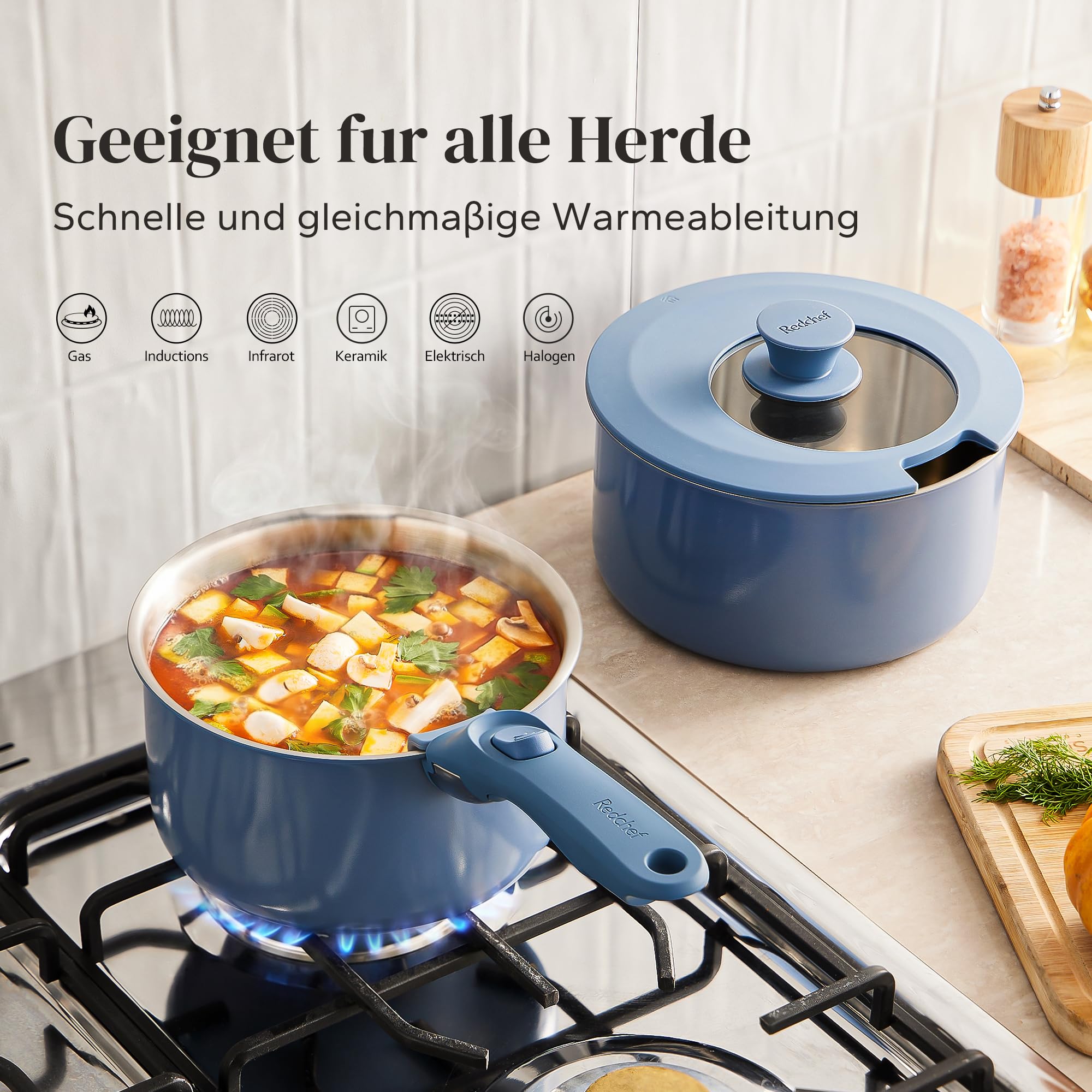 Redchef Set di pentole con manici rimovibili, 5 pezzi, in acciaio inox non rivestito, 16/18/20 cm e coperchio di chiusura 3 in 1, set di pentole a induzione per tutti i tipi di fornelli, adatte al