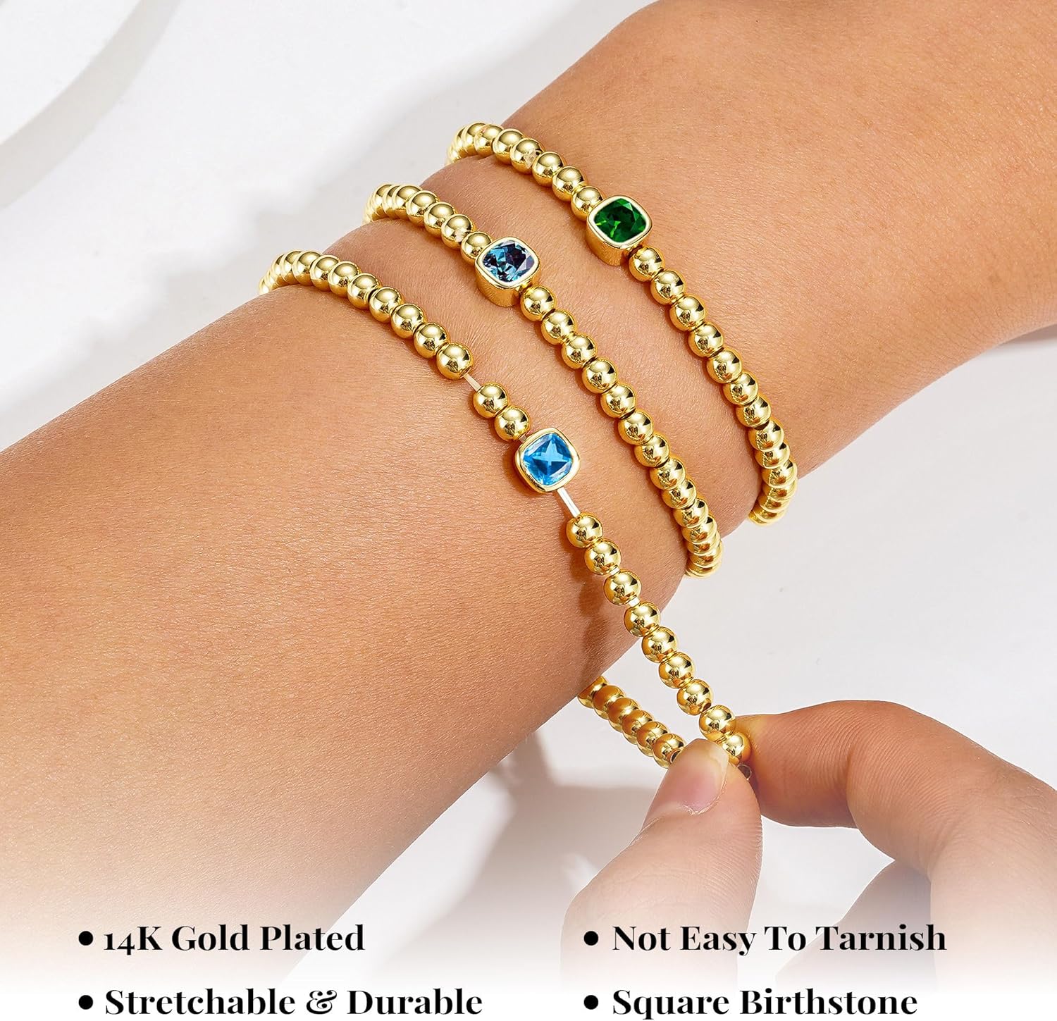 Turandoss Birthstone Bracelets for Women - Dainty Elastic 14K Gold Plated Beaded Square Birthstone Bracelets Trendy Waterproof Friendship Birthday Jewelry Gifts for Women Girls - Image 6
